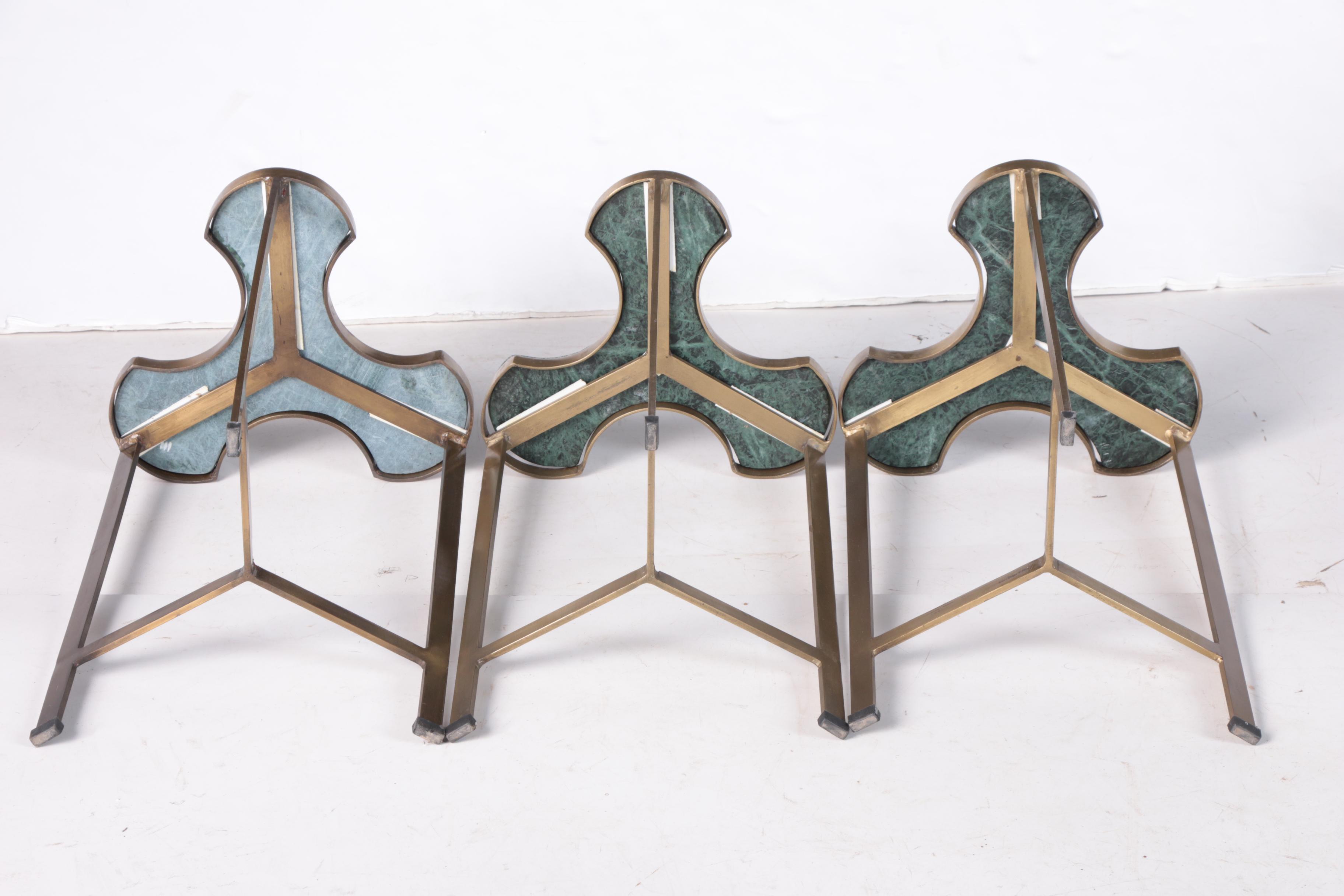 Contemporary Brass and Green Marble "Puzzles" Trefoil Accent Tables
