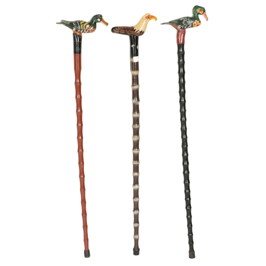 Three Hand Carved Folk Art Walking Sticks