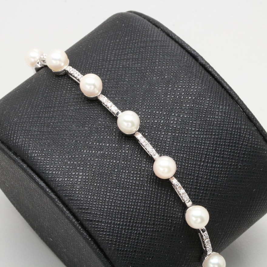 14K White Gold Cultured Pearl and Diamond Bracelet