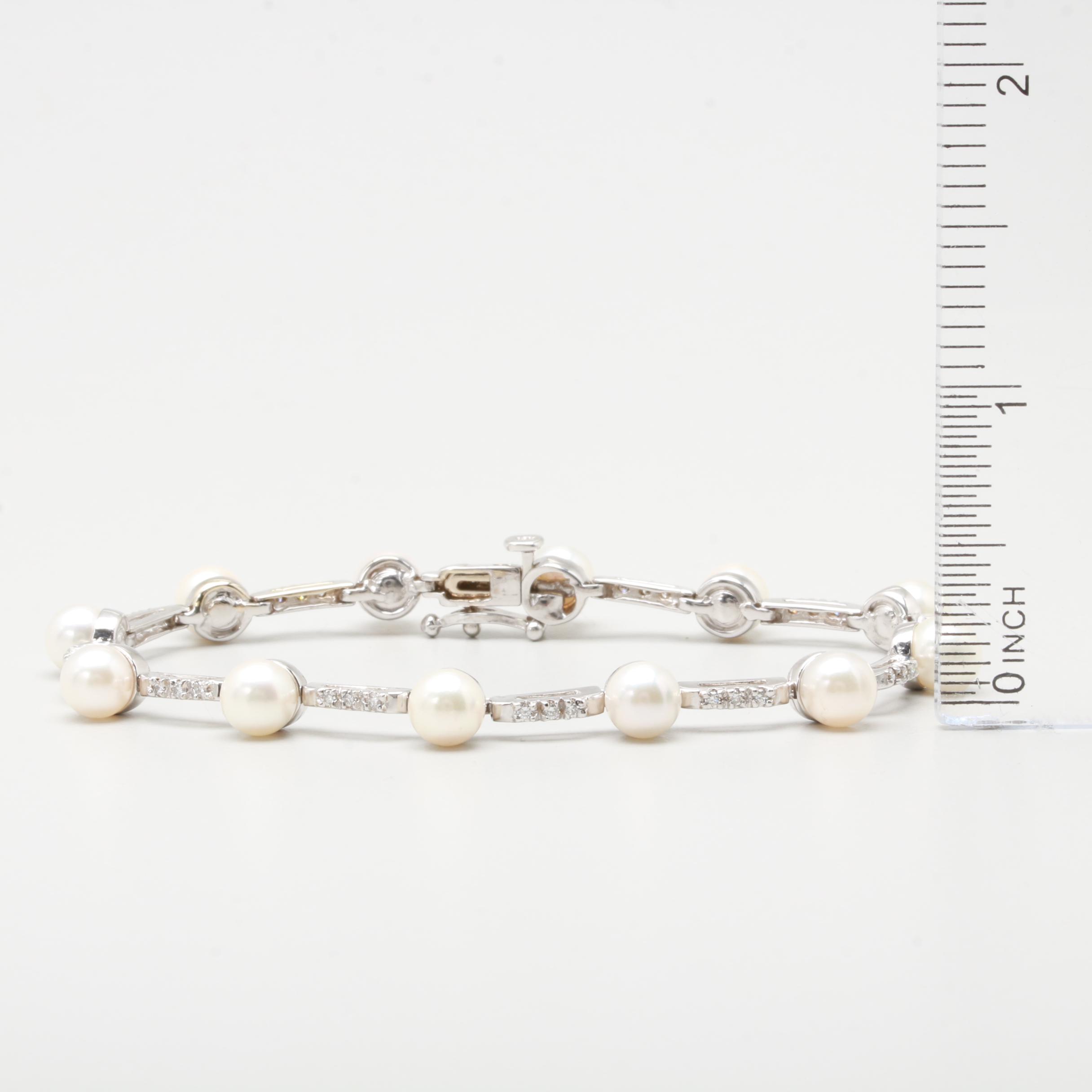 14K White Gold Cultured Pearl and Diamond Bracelet