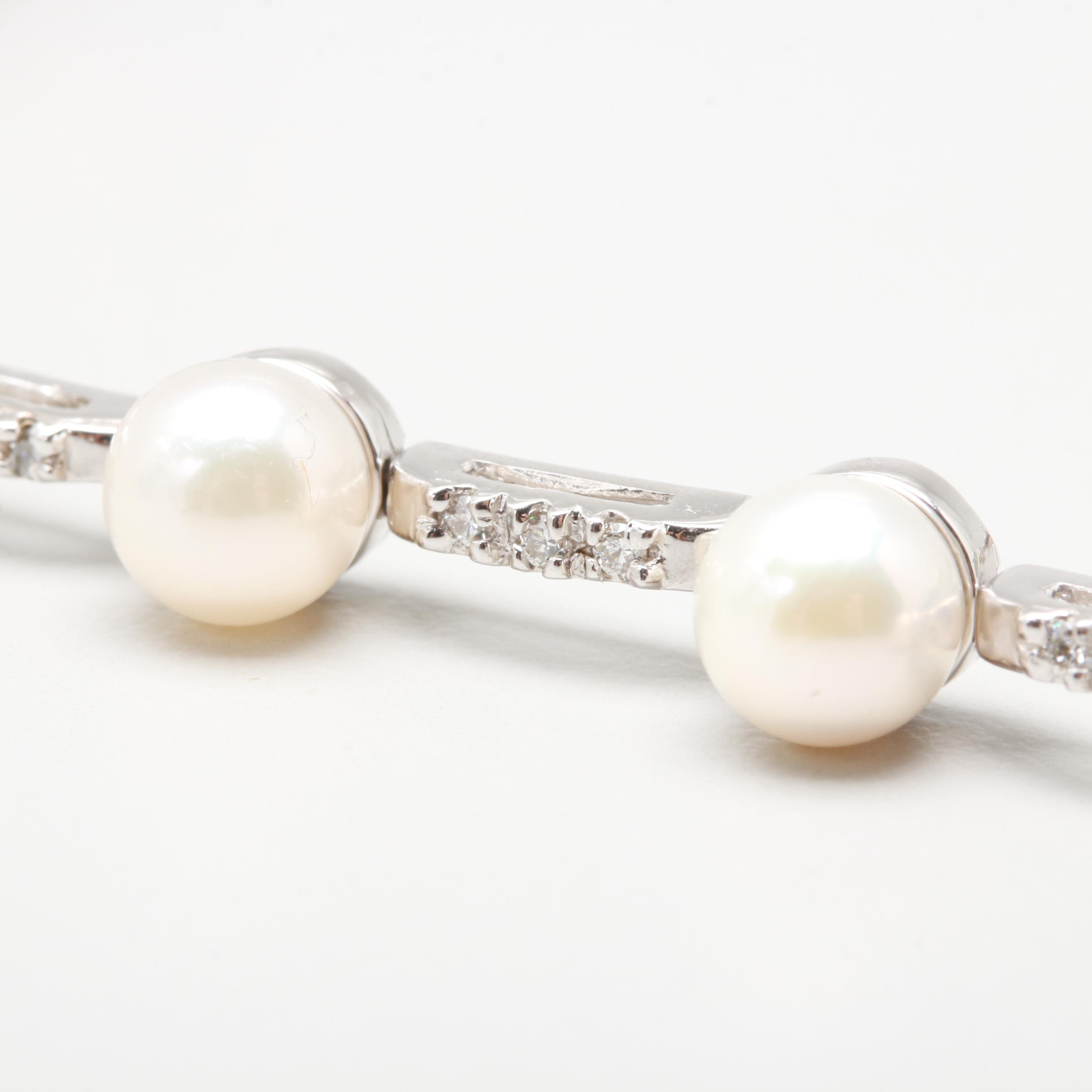 14K White Gold Cultured Pearl and Diamond Bracelet