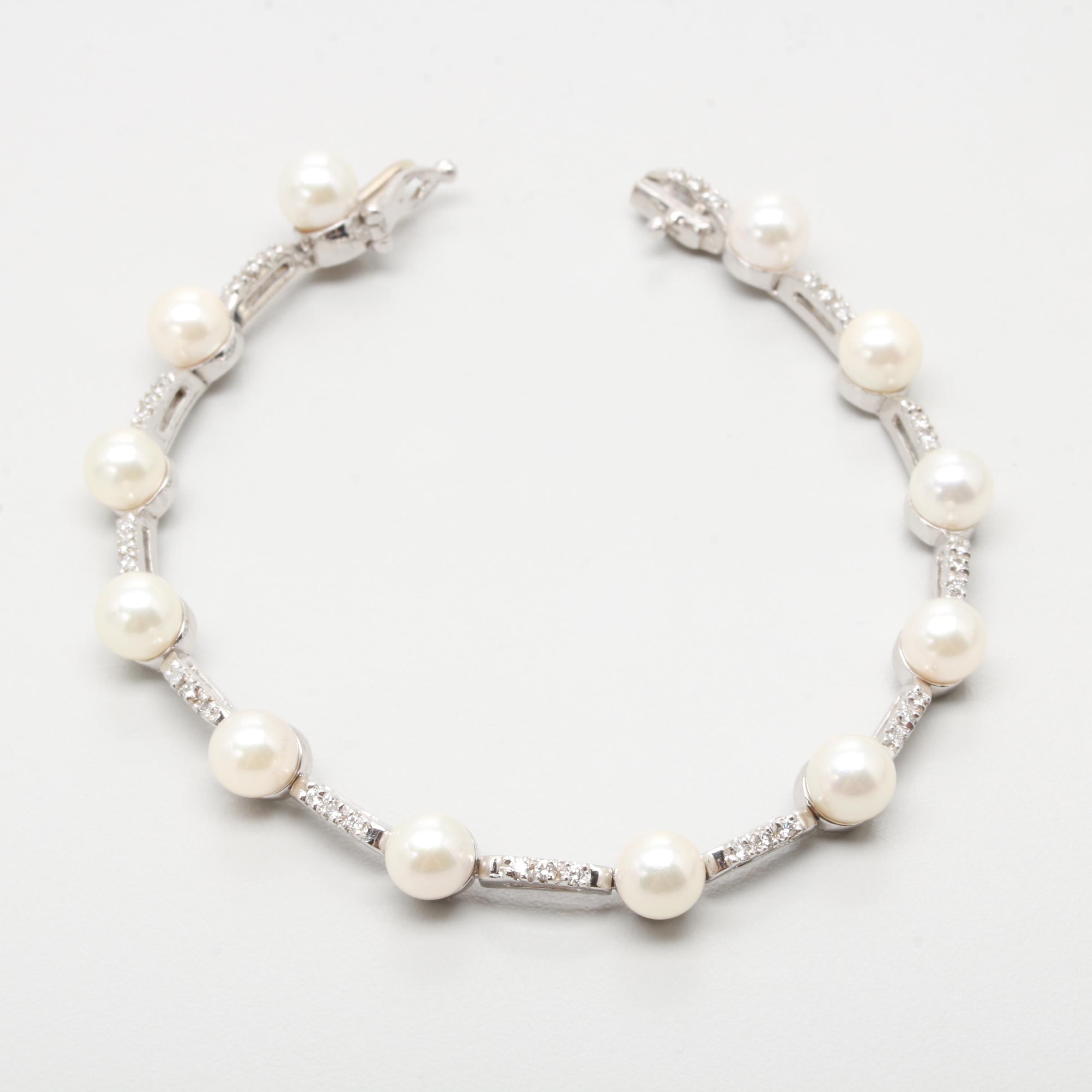 14K White Gold Cultured Pearl and Diamond Bracelet