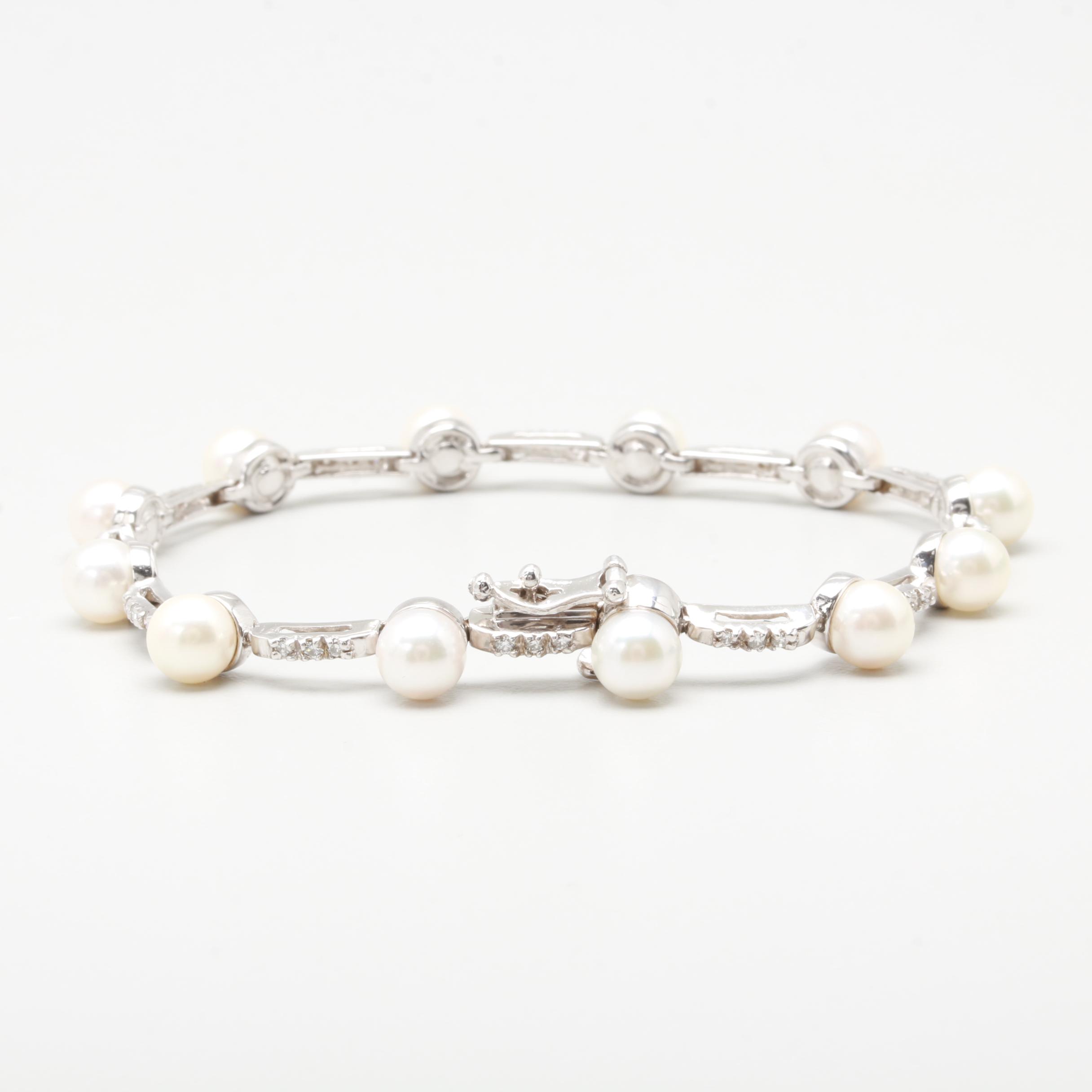 14K White Gold Cultured Pearl and Diamond Bracelet