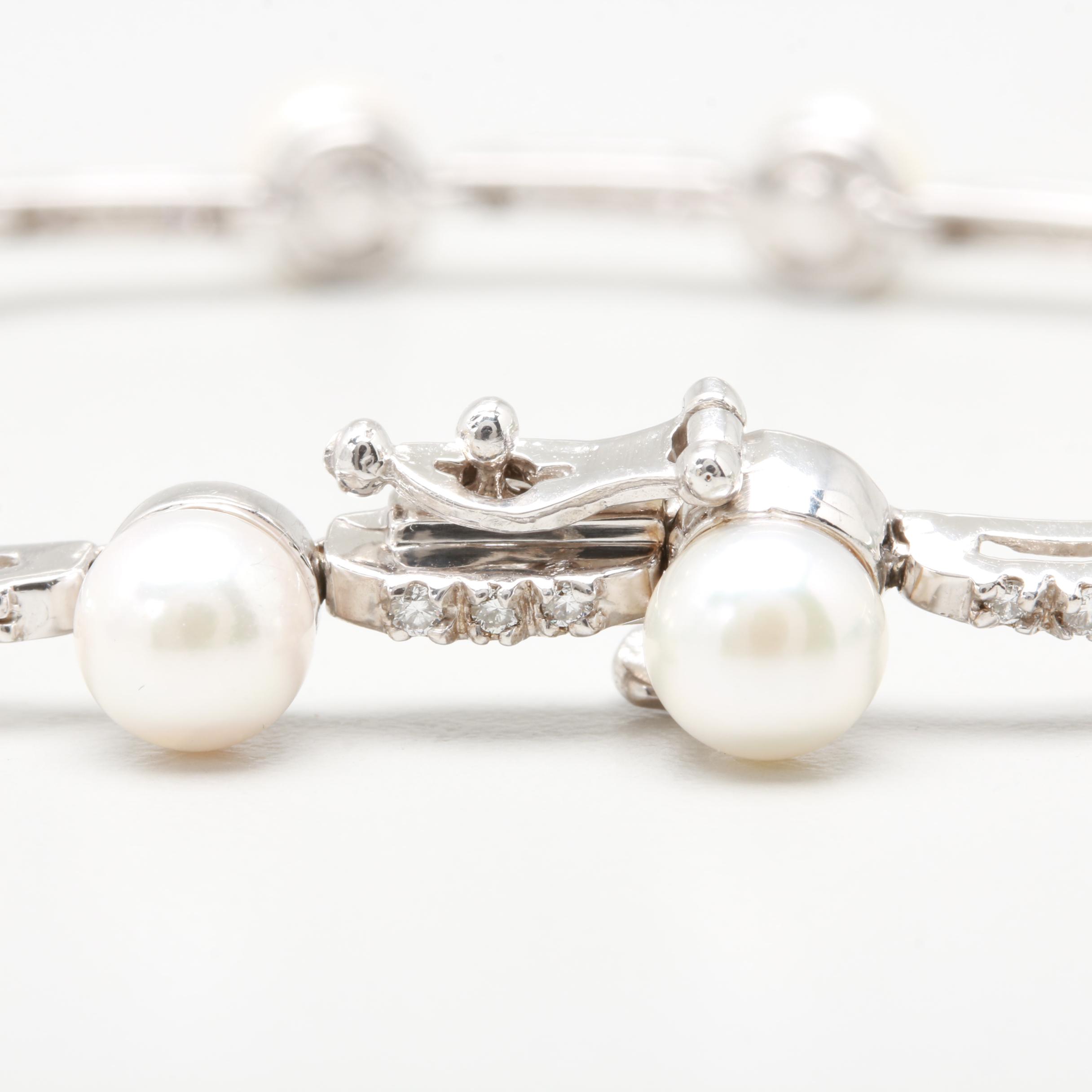 14K White Gold Cultured Pearl and Diamond Bracelet