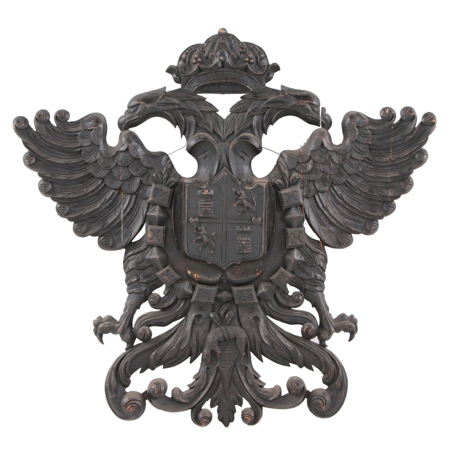 Hand-Carved Coat of Arms, Possibly German or Austrian, Early 20th Century