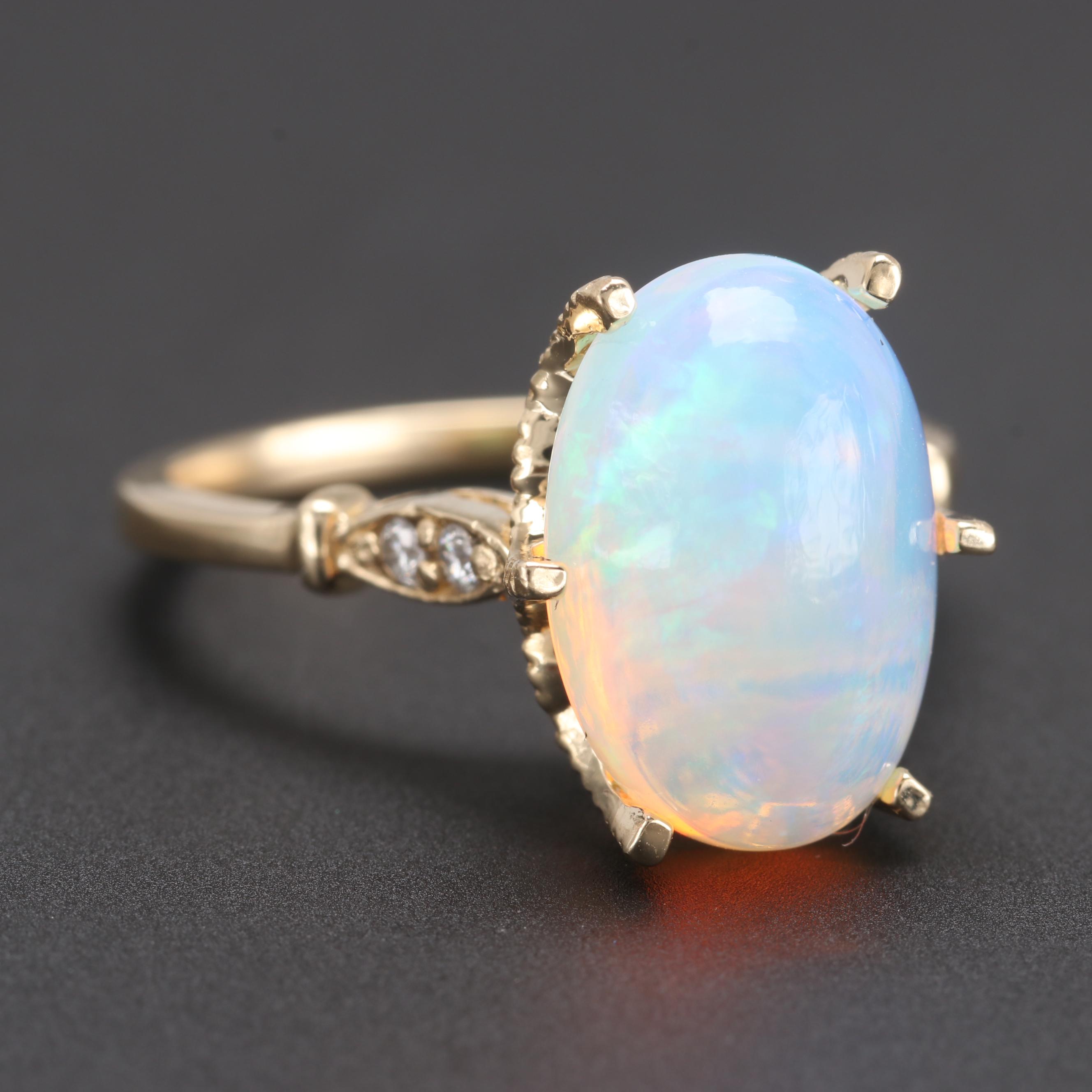 14K Yellow Gold Opal and Diamond Ring