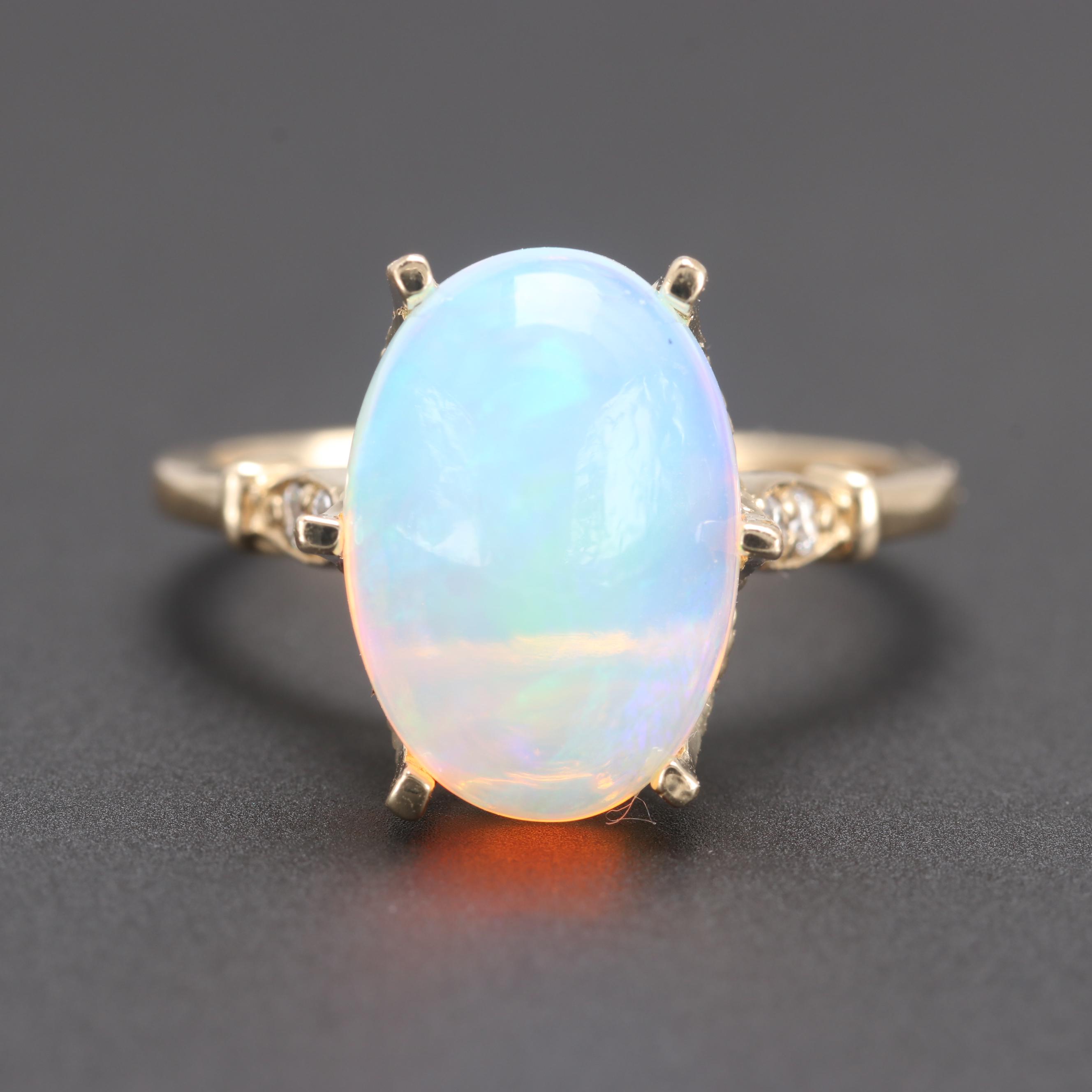 14K Yellow Gold Opal and Diamond Ring