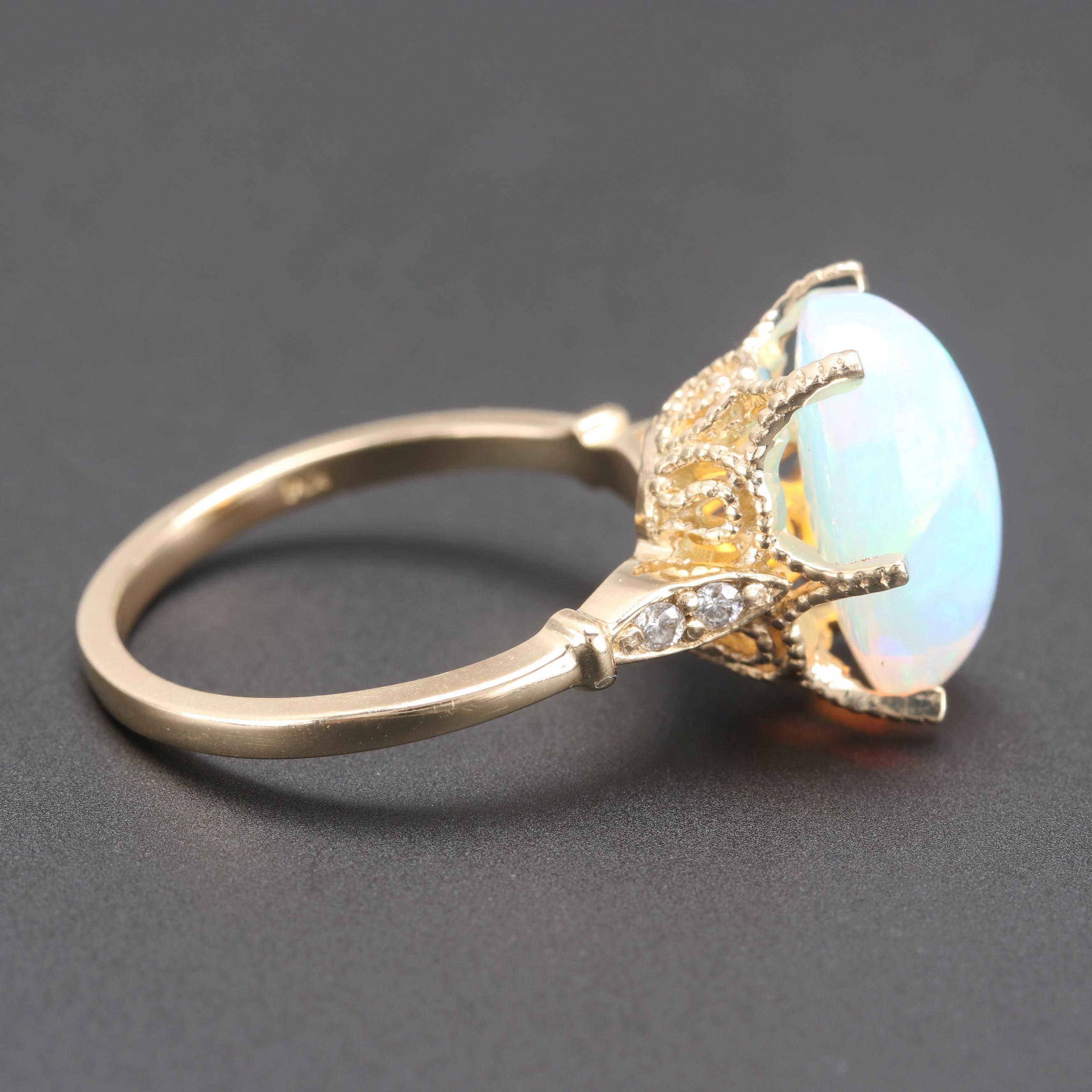 14K Yellow Gold Opal and Diamond Ring