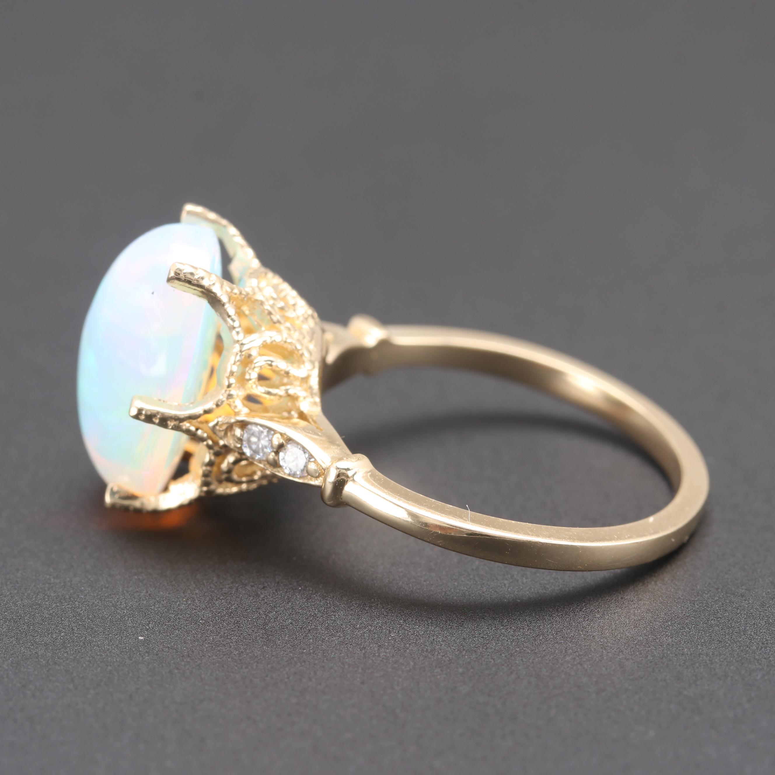 14K Yellow Gold Opal and Diamond Ring