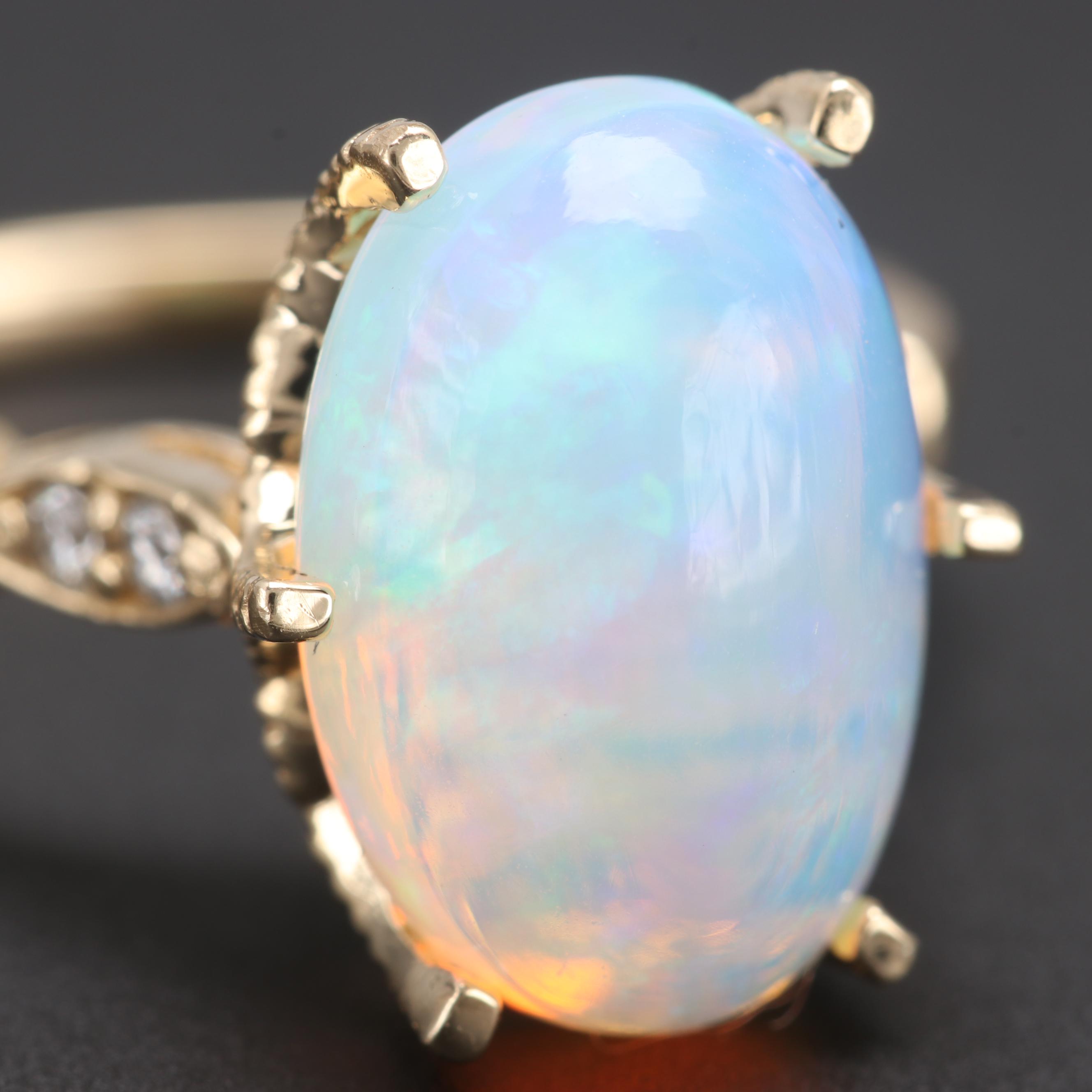 14K Yellow Gold Opal and Diamond Ring
