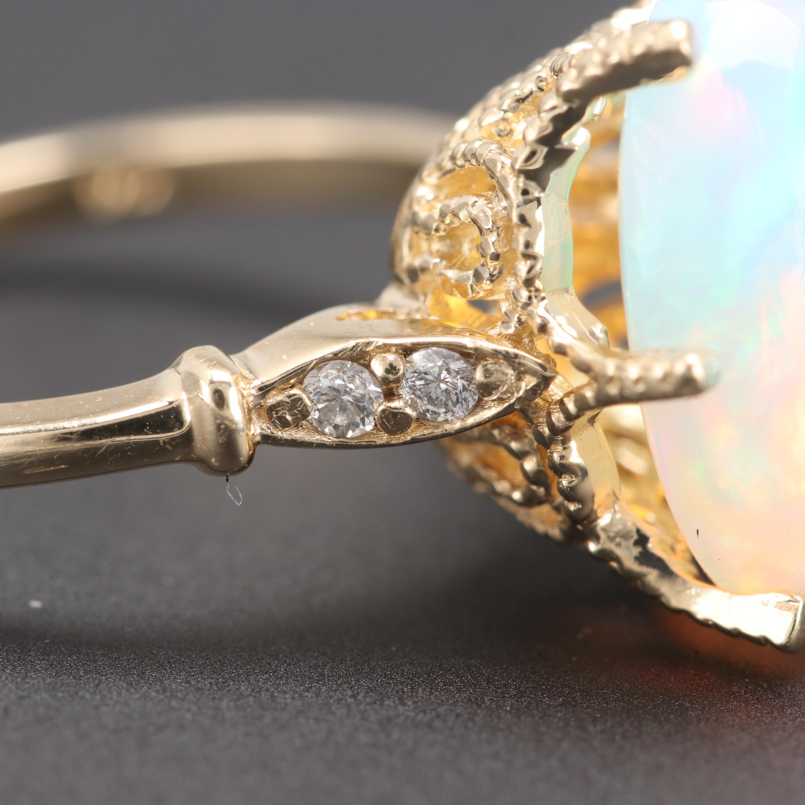 14K Yellow Gold Opal and Diamond Ring