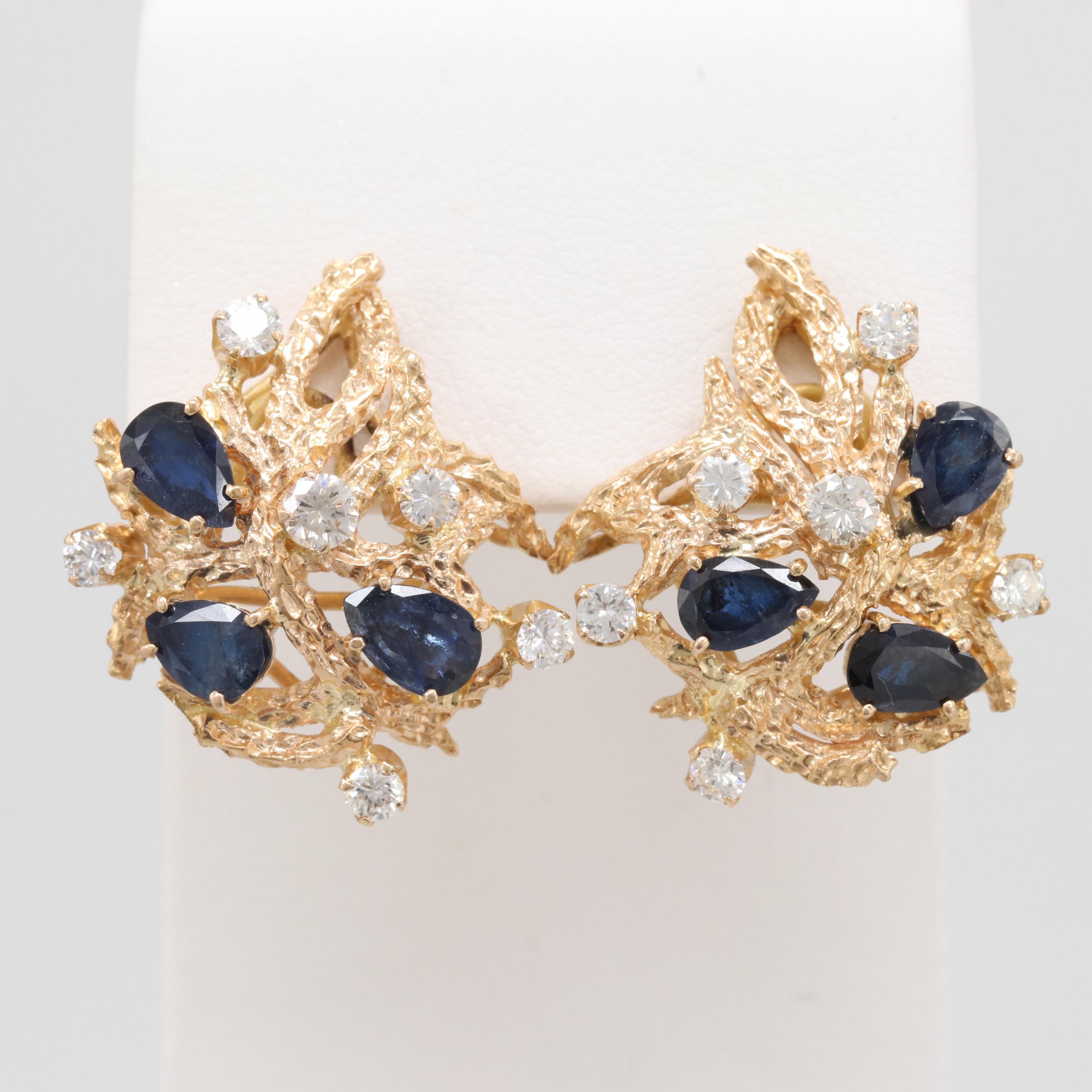 14k Yellow Gold Blue Sapphire and Diamond Earrings