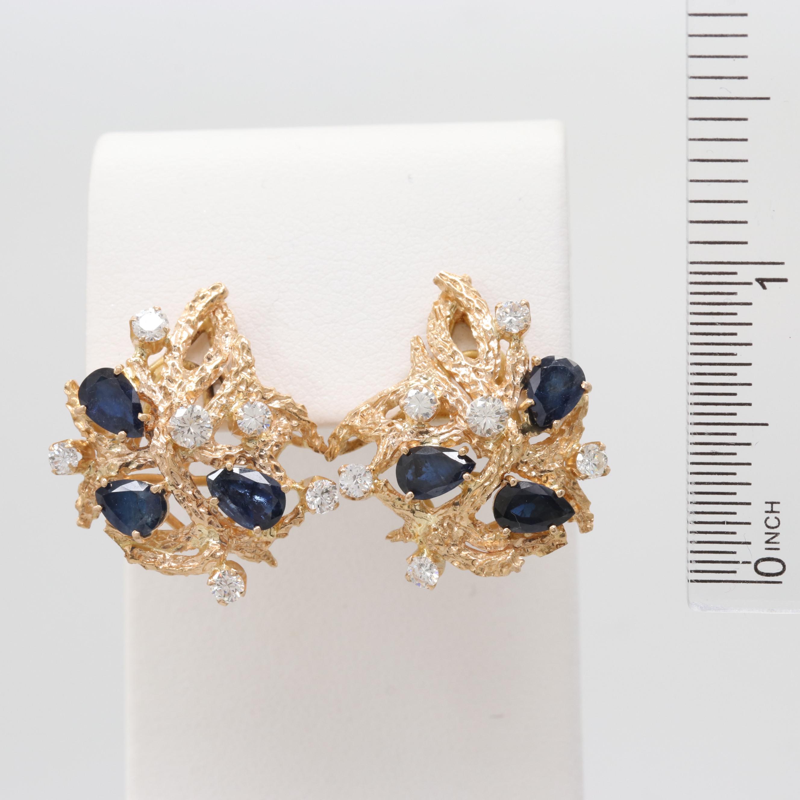 14k Yellow Gold Blue Sapphire and Diamond Earrings