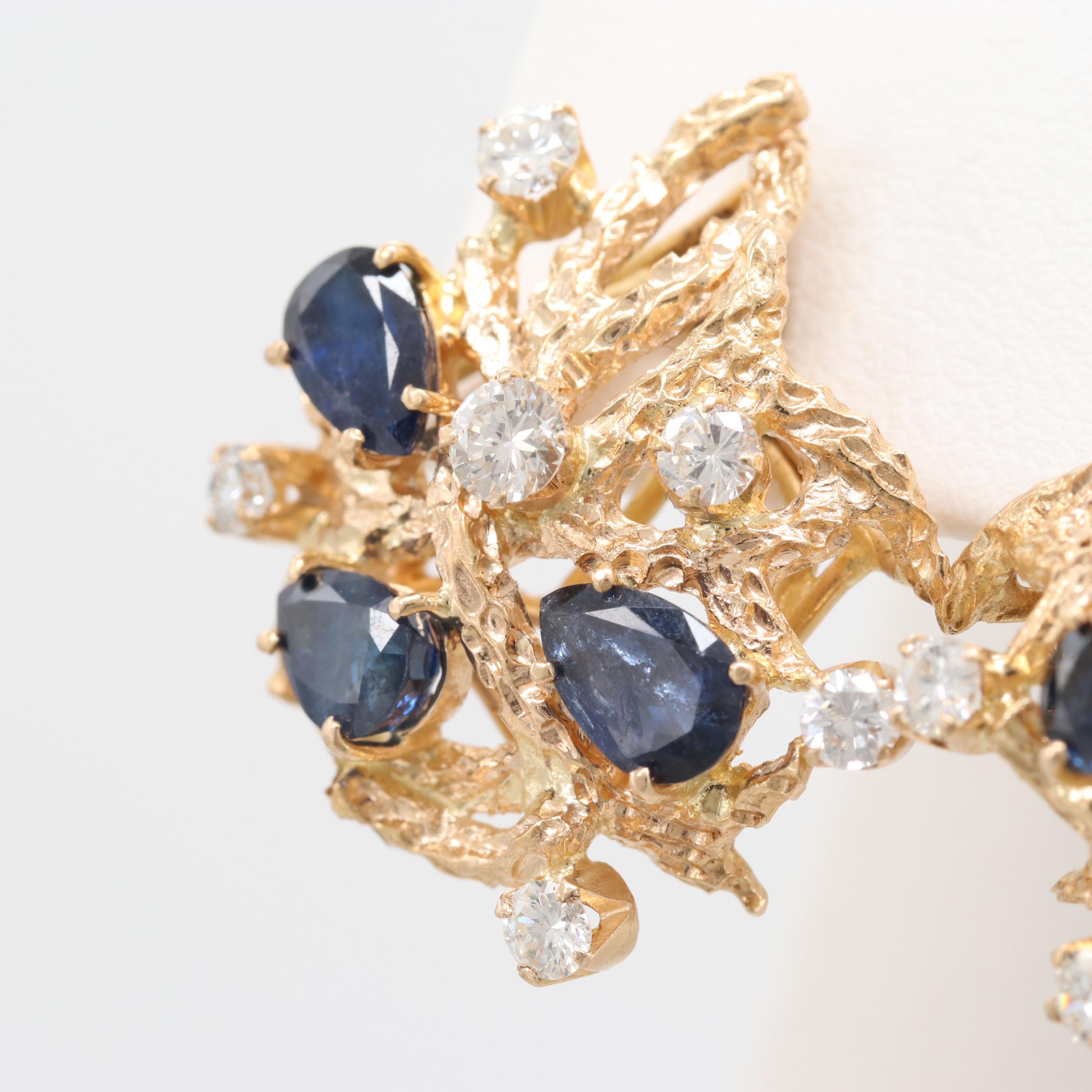 14k Yellow Gold Blue Sapphire and Diamond Earrings
