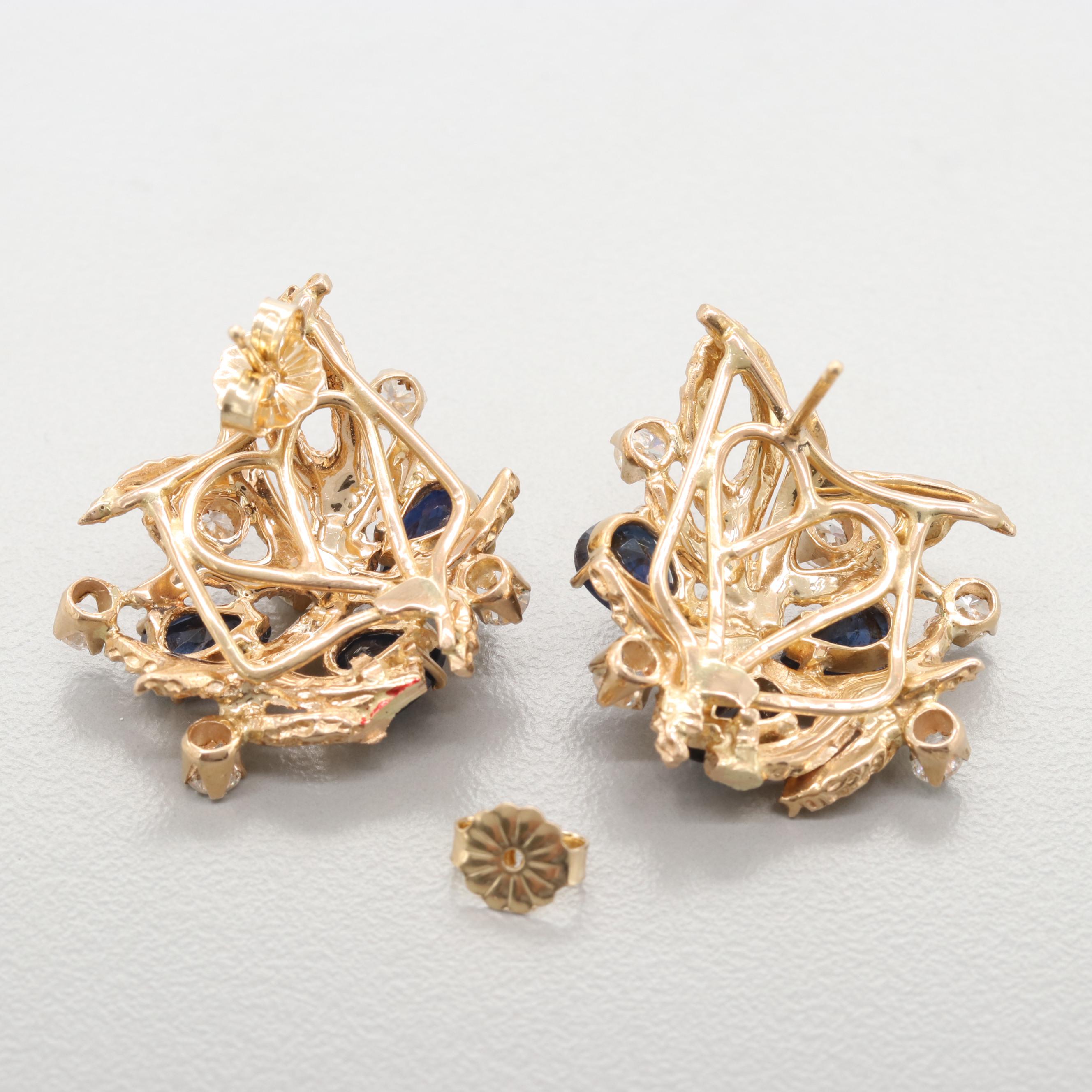 14k Yellow Gold Blue Sapphire and Diamond Earrings