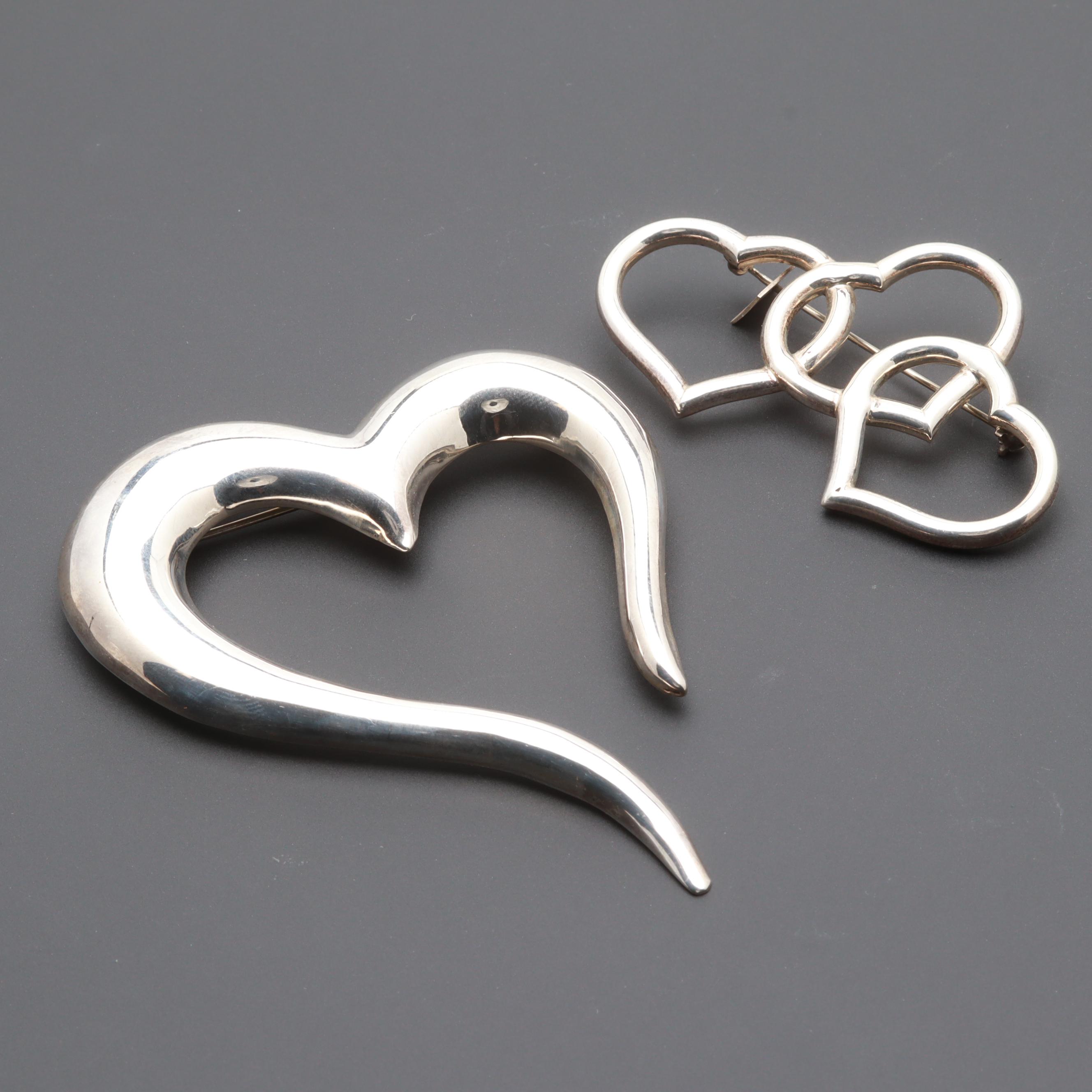 Pair of Mexican Sterling Silver Heart Brooches