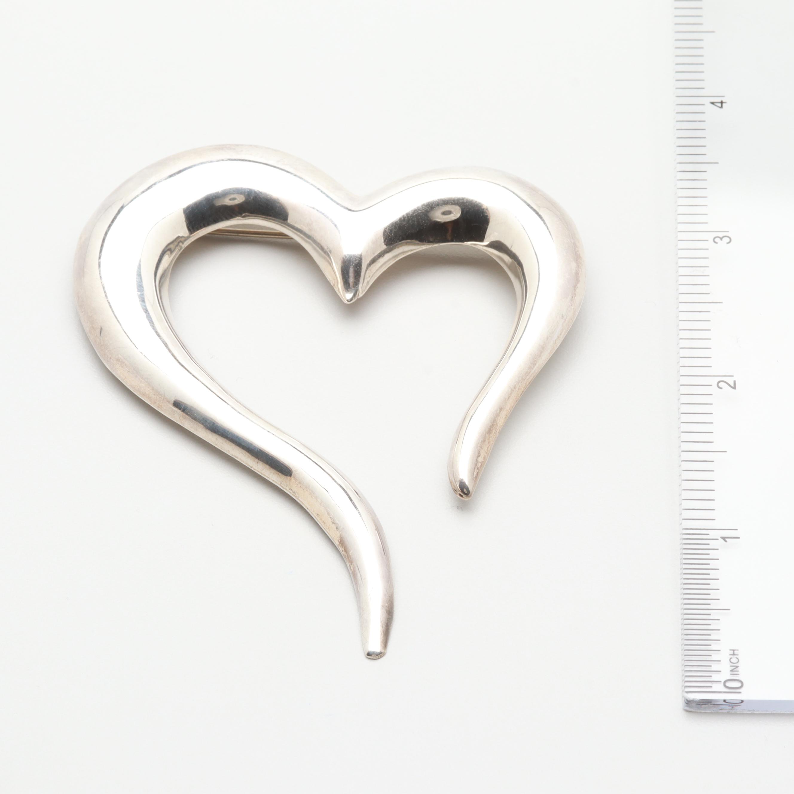 Pair of Mexican Sterling Silver Heart Brooches