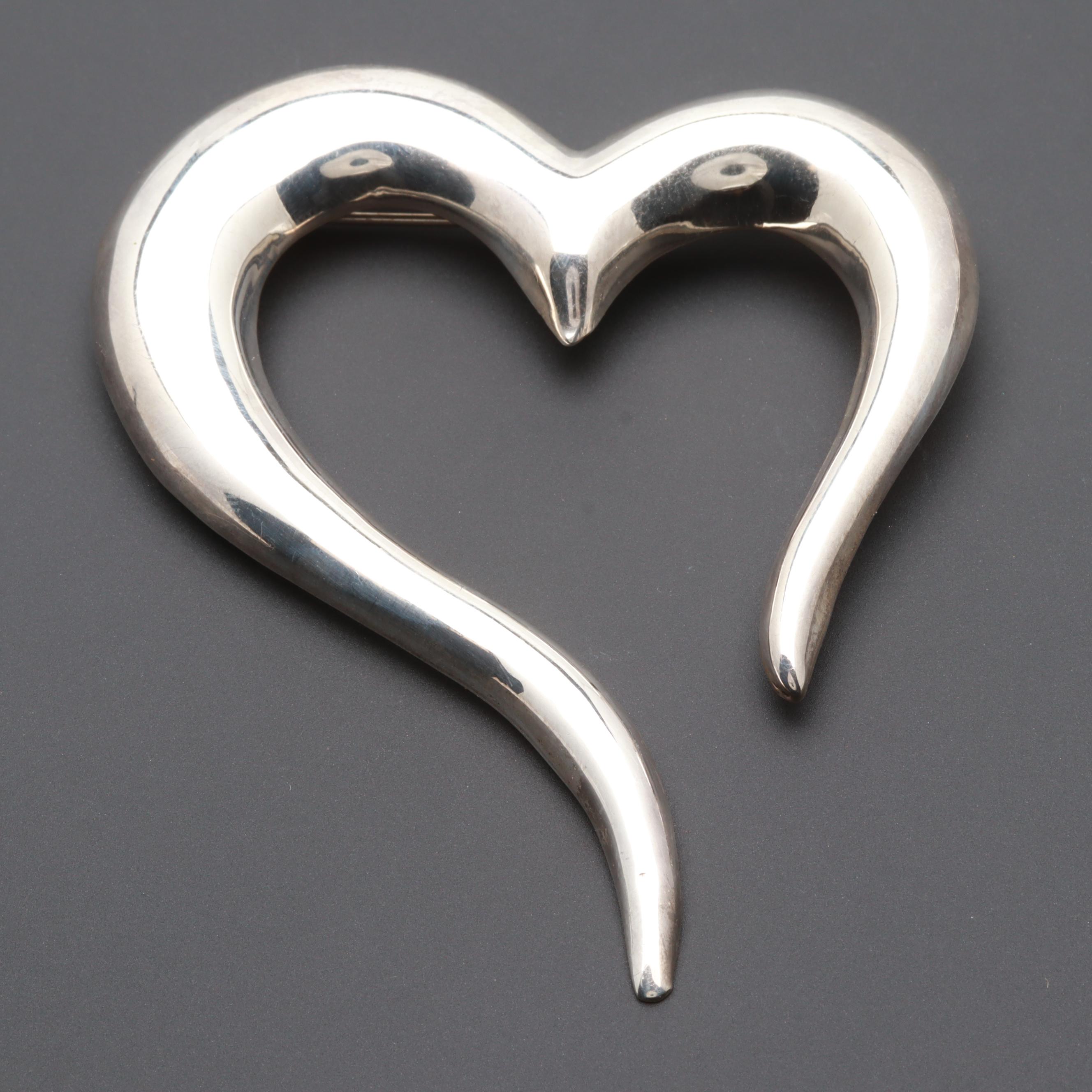 Pair of Mexican Sterling Silver Heart Brooches