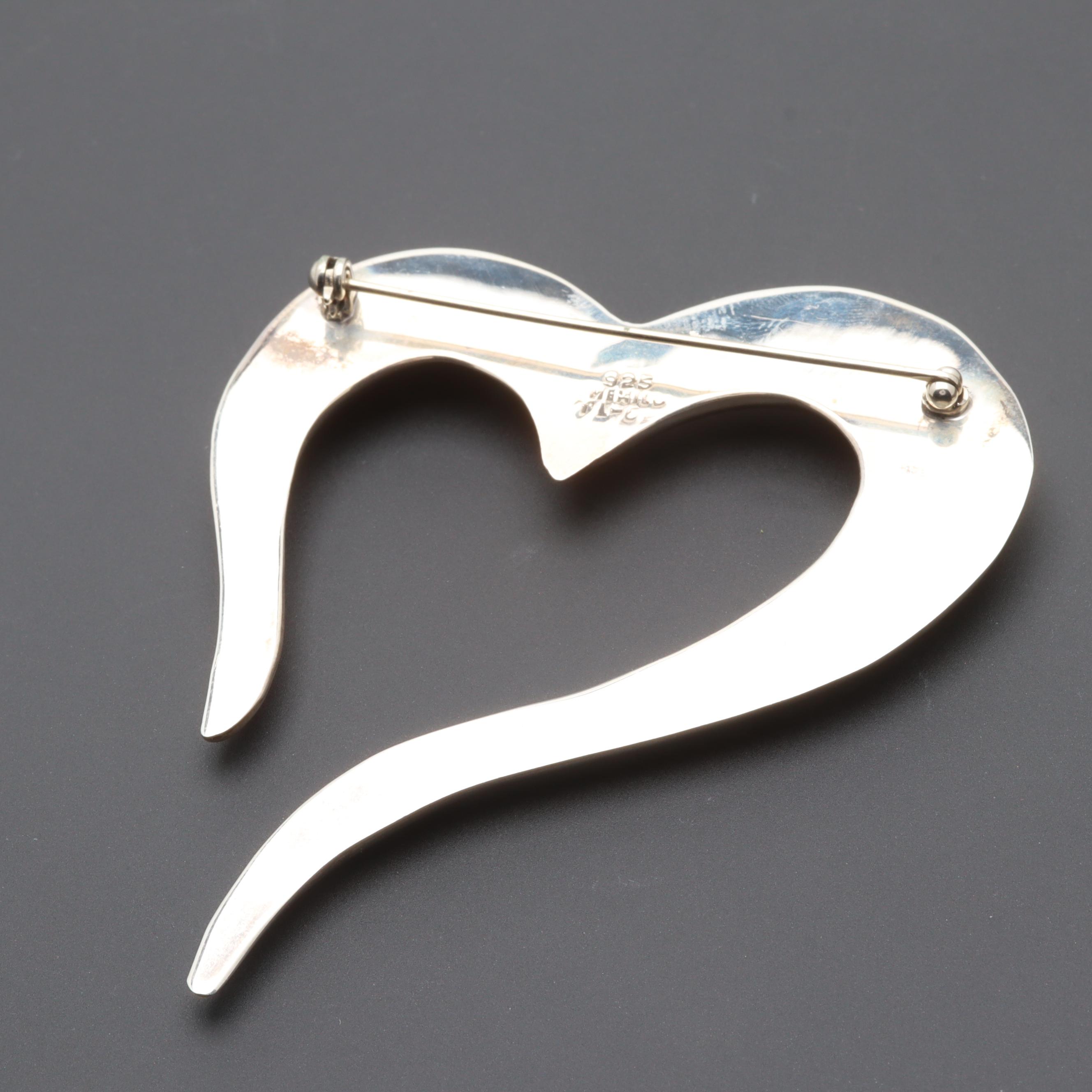 Pair of Mexican Sterling Silver Heart Brooches