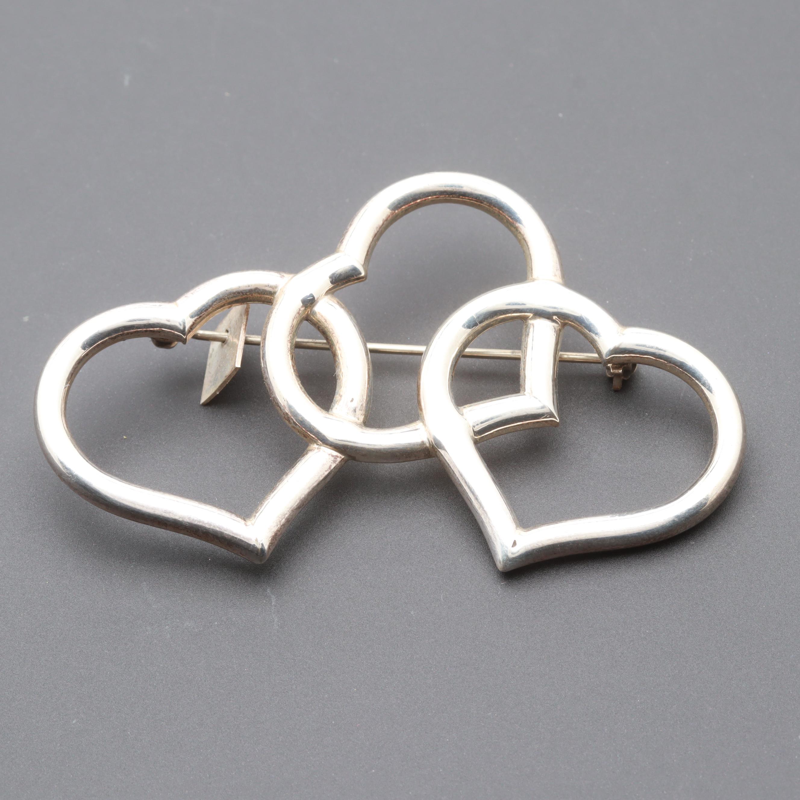 Pair of Mexican Sterling Silver Heart Brooches