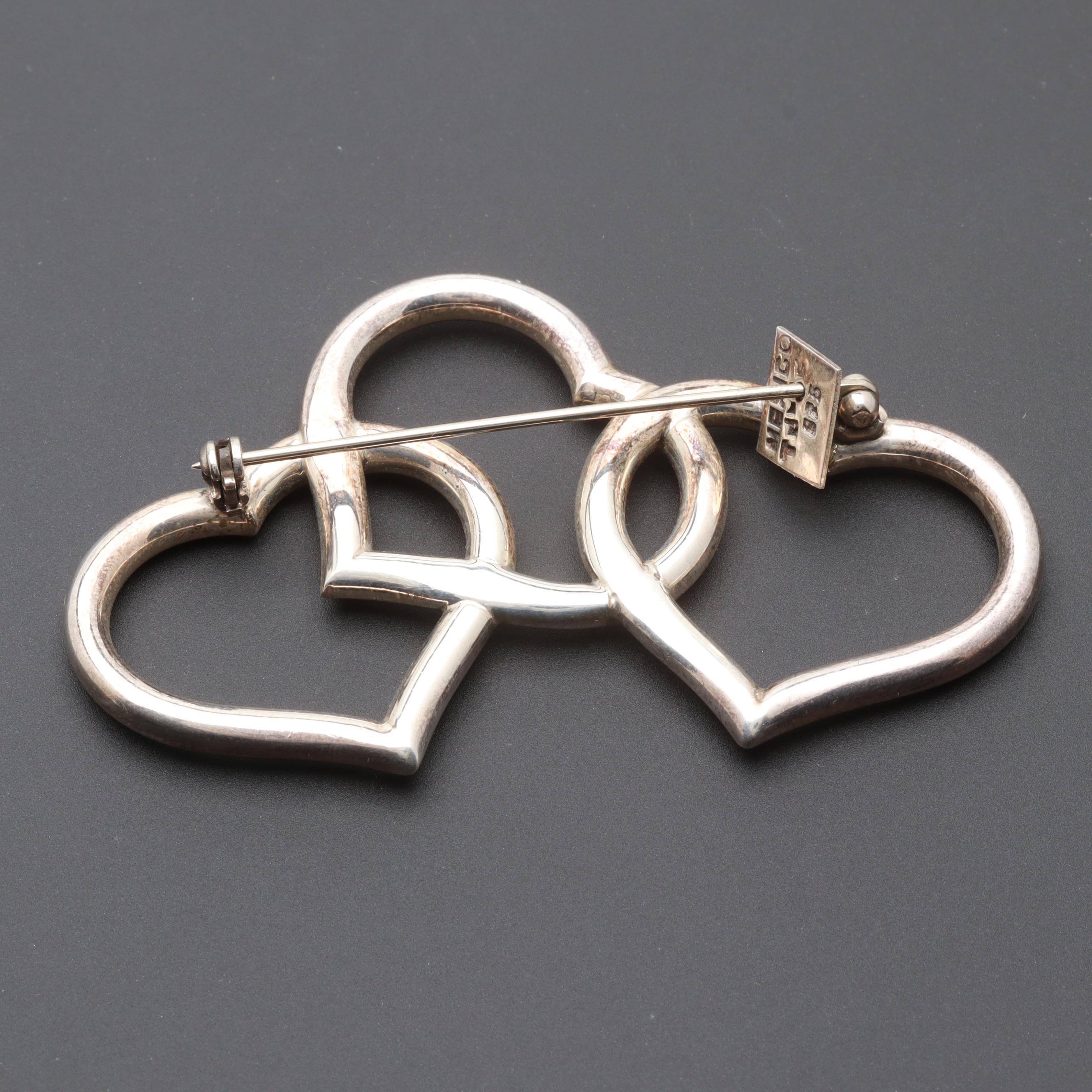 Pair of Mexican Sterling Silver Heart Brooches