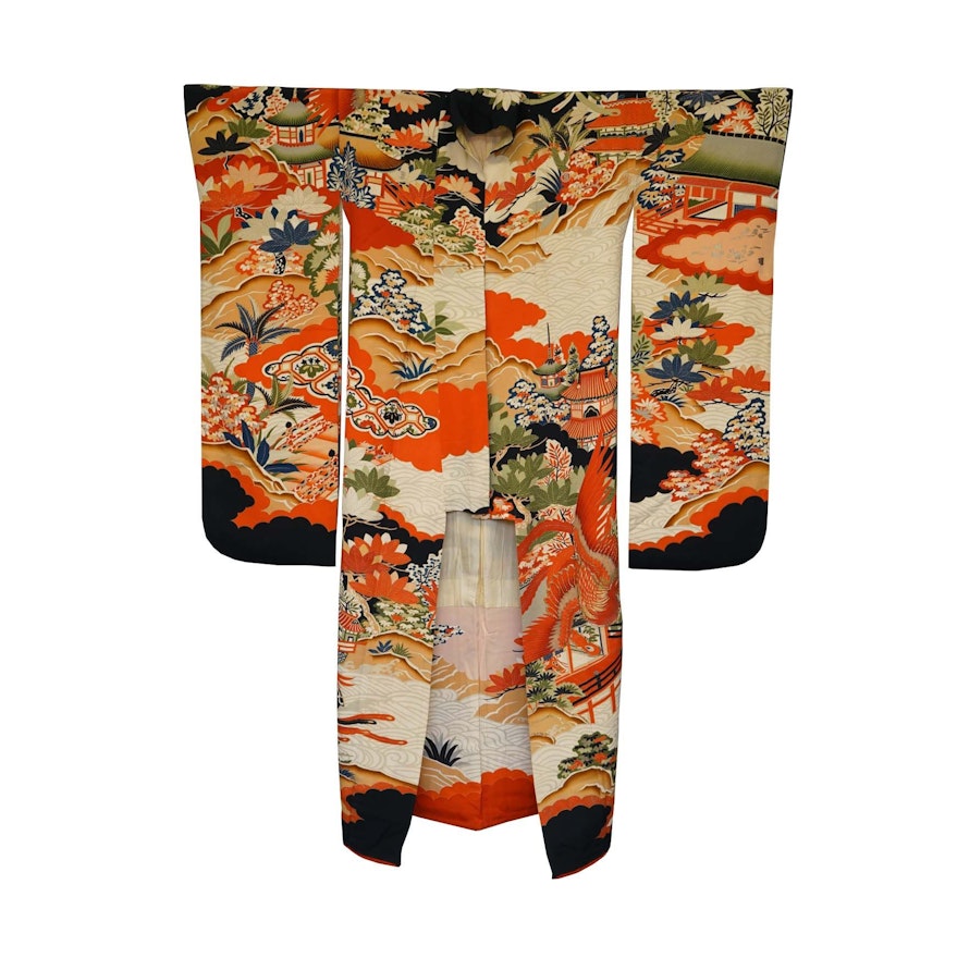 Circa 1900s Antique Handwoven Silk Crepe Formal Crested Furisode Kimono