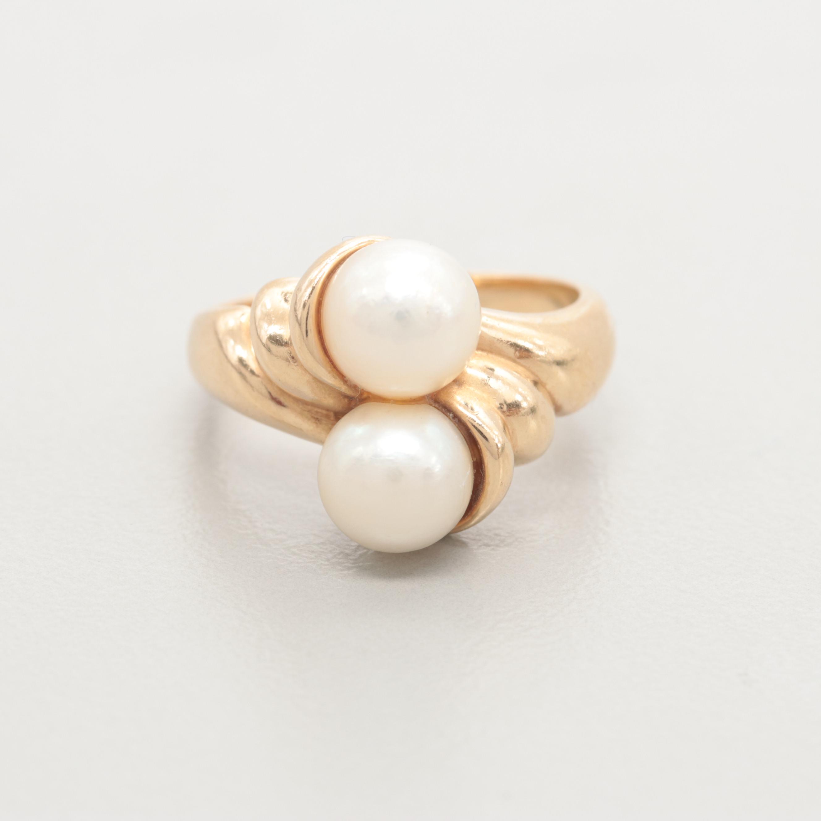 14K Yellow Gold Cultured Pearl Moi et Toi Ring