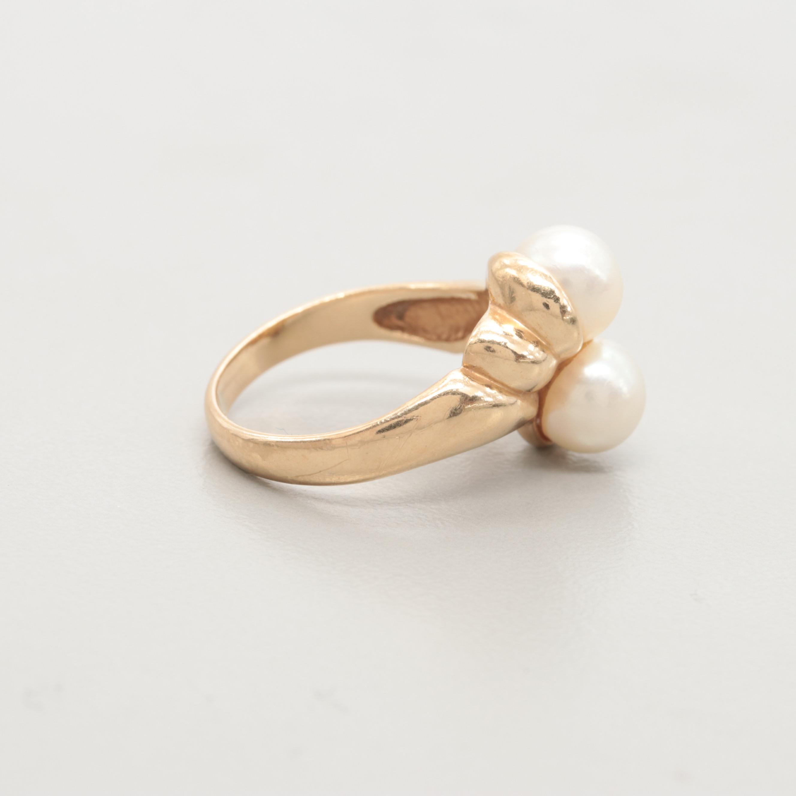 14K Yellow Gold Cultured Pearl Moi et Toi Ring