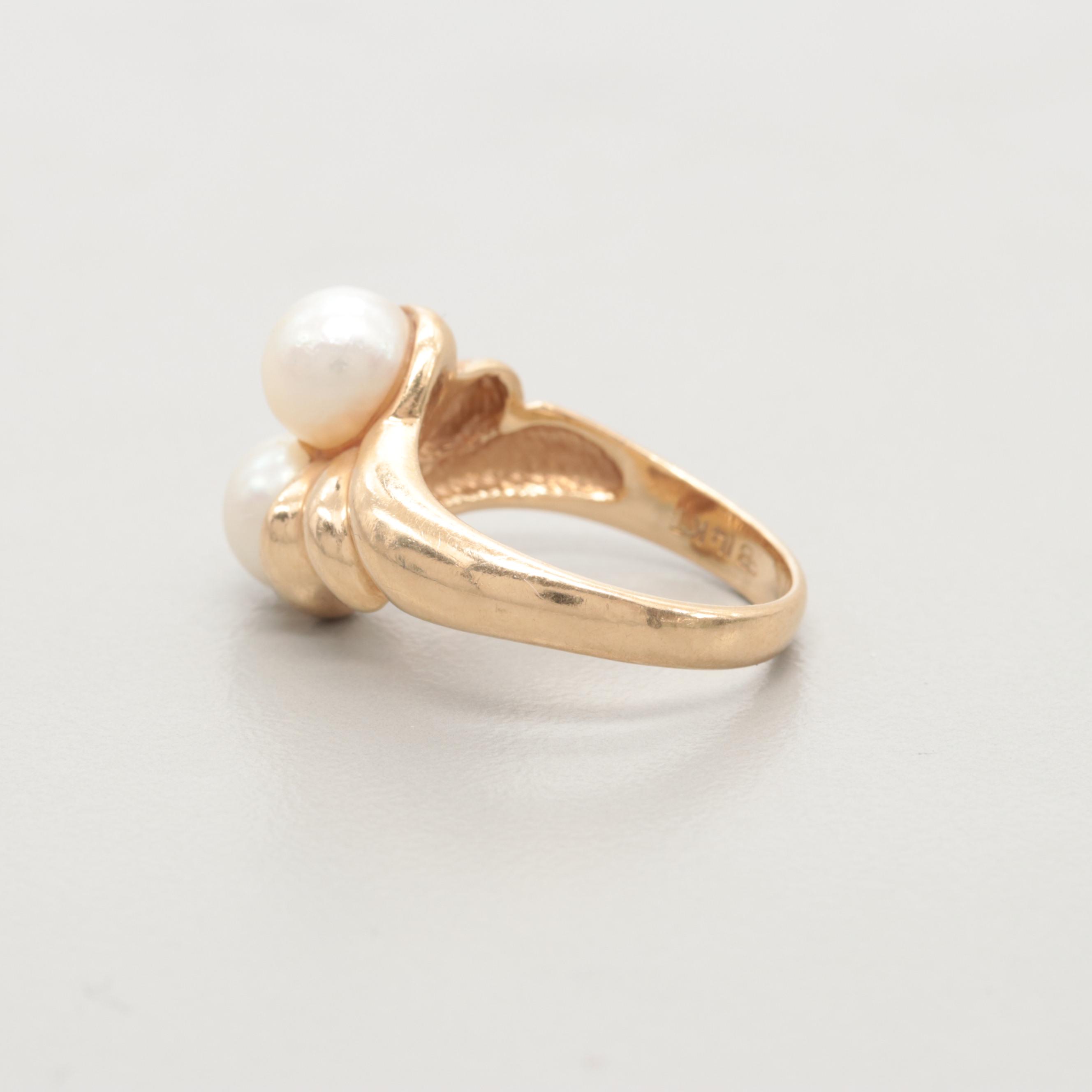 14K Yellow Gold Cultured Pearl Moi et Toi Ring