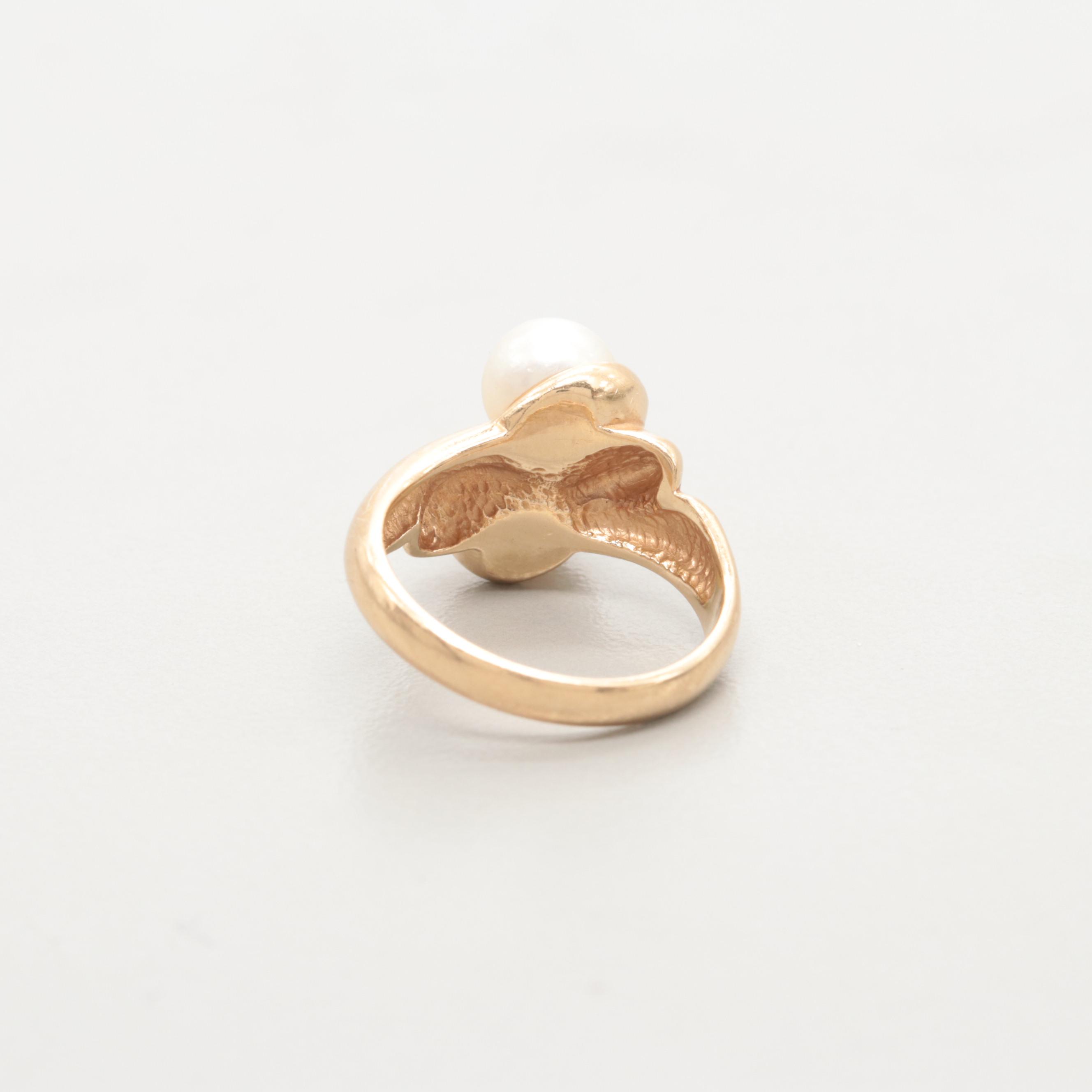 14K Yellow Gold Cultured Pearl Moi et Toi Ring
