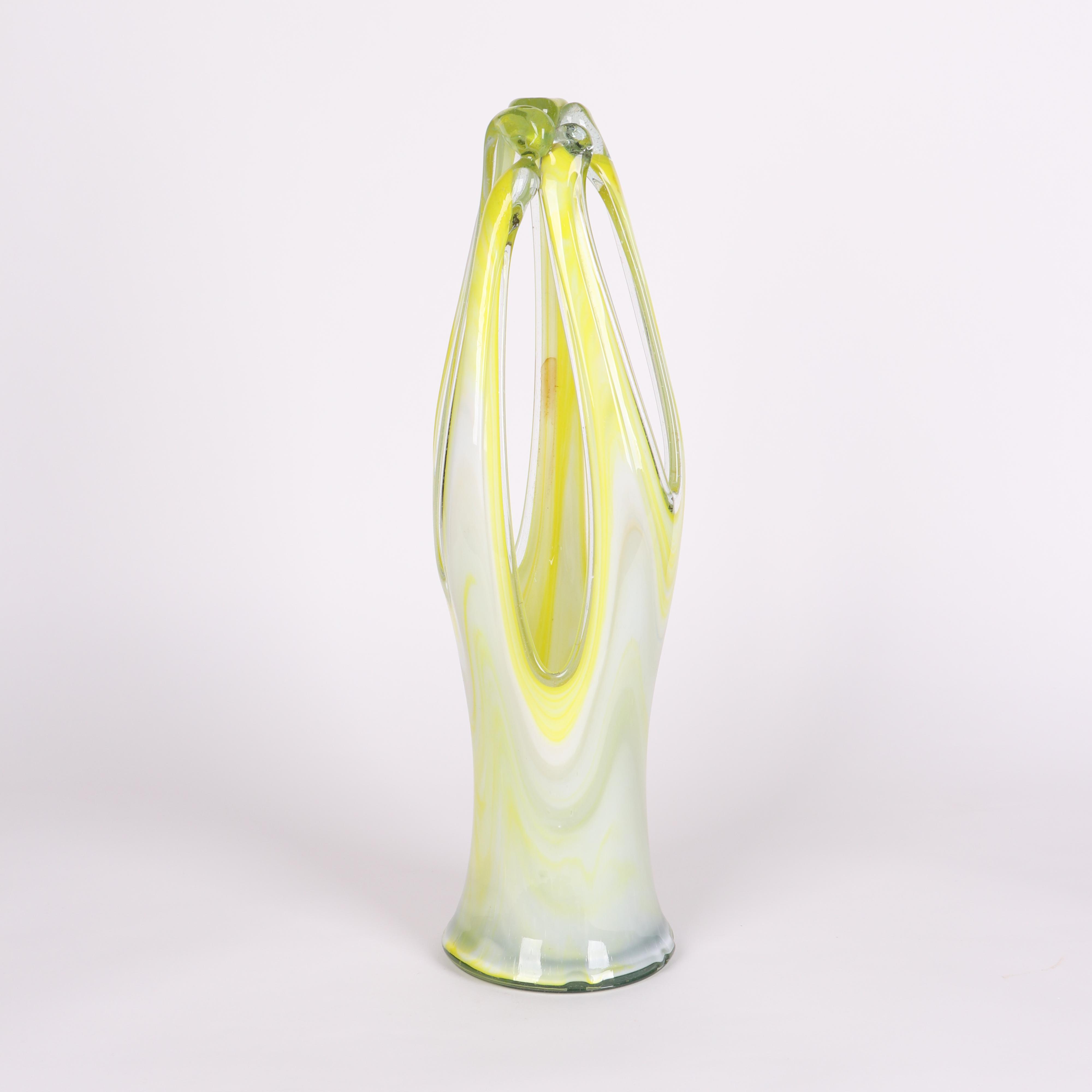 Murano Style Pulled Blown Glass Basket Vase