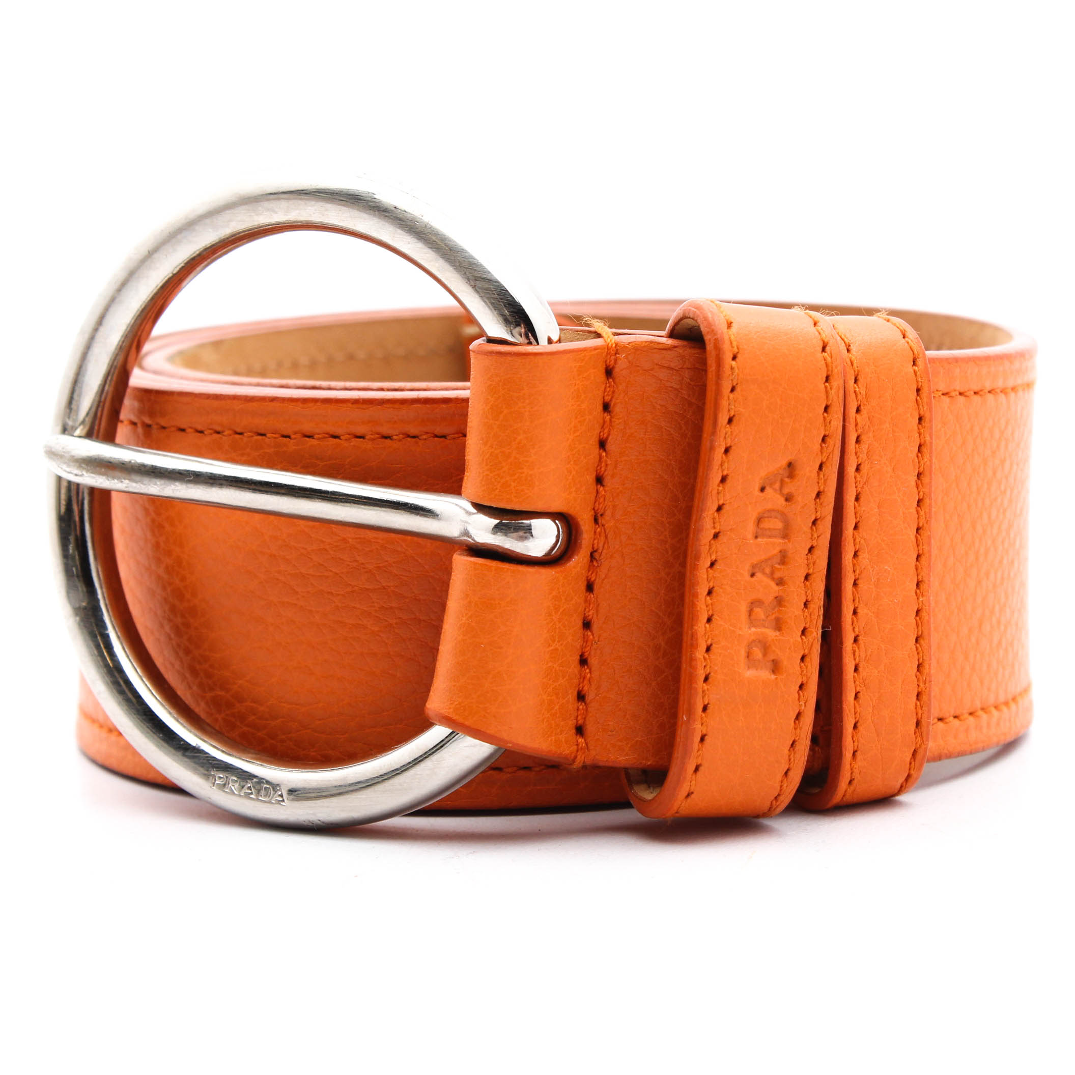 Prada Orange Pebbled Leather Belt