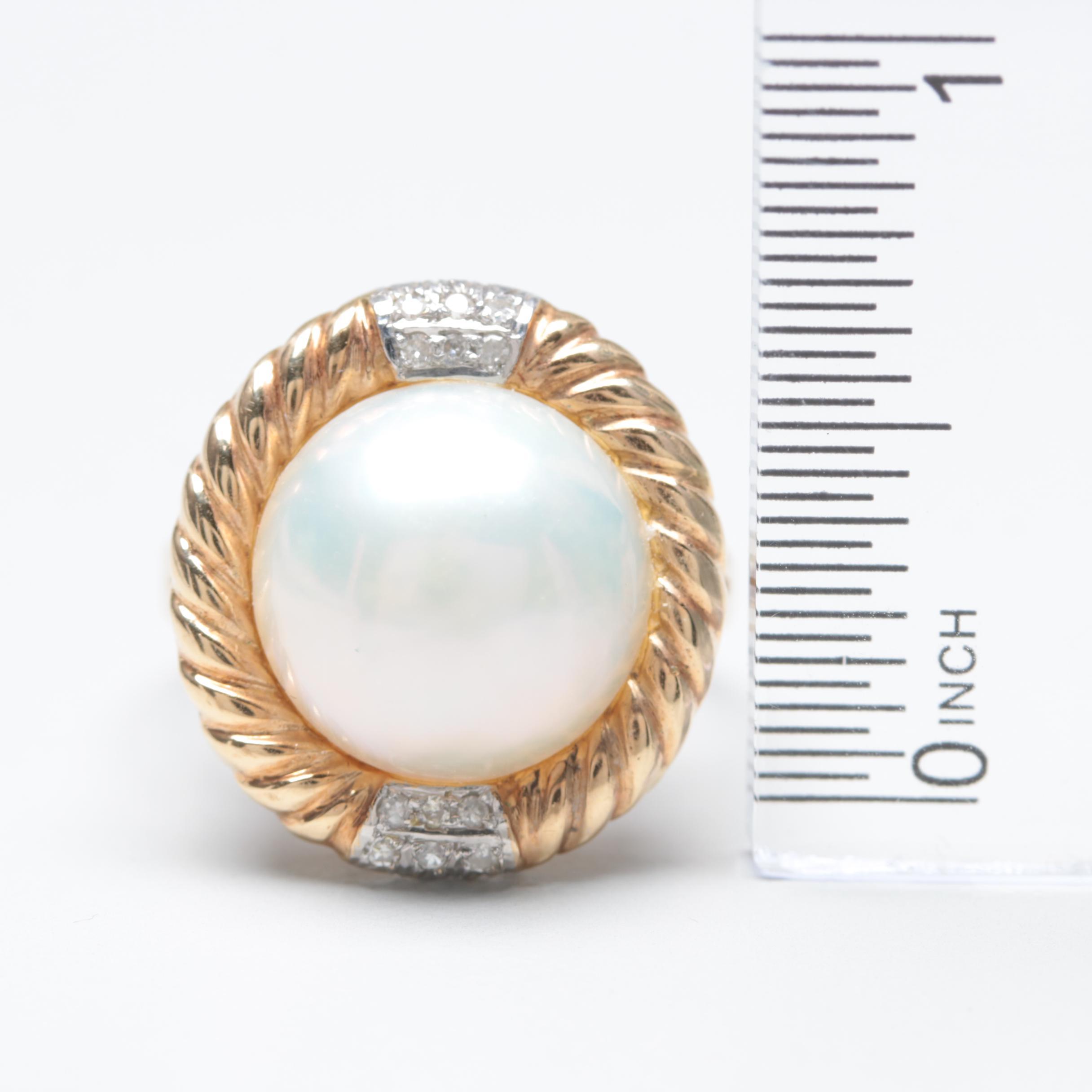 14K Yellow Gold Cultured Mabe Pearl and Diamond Ring