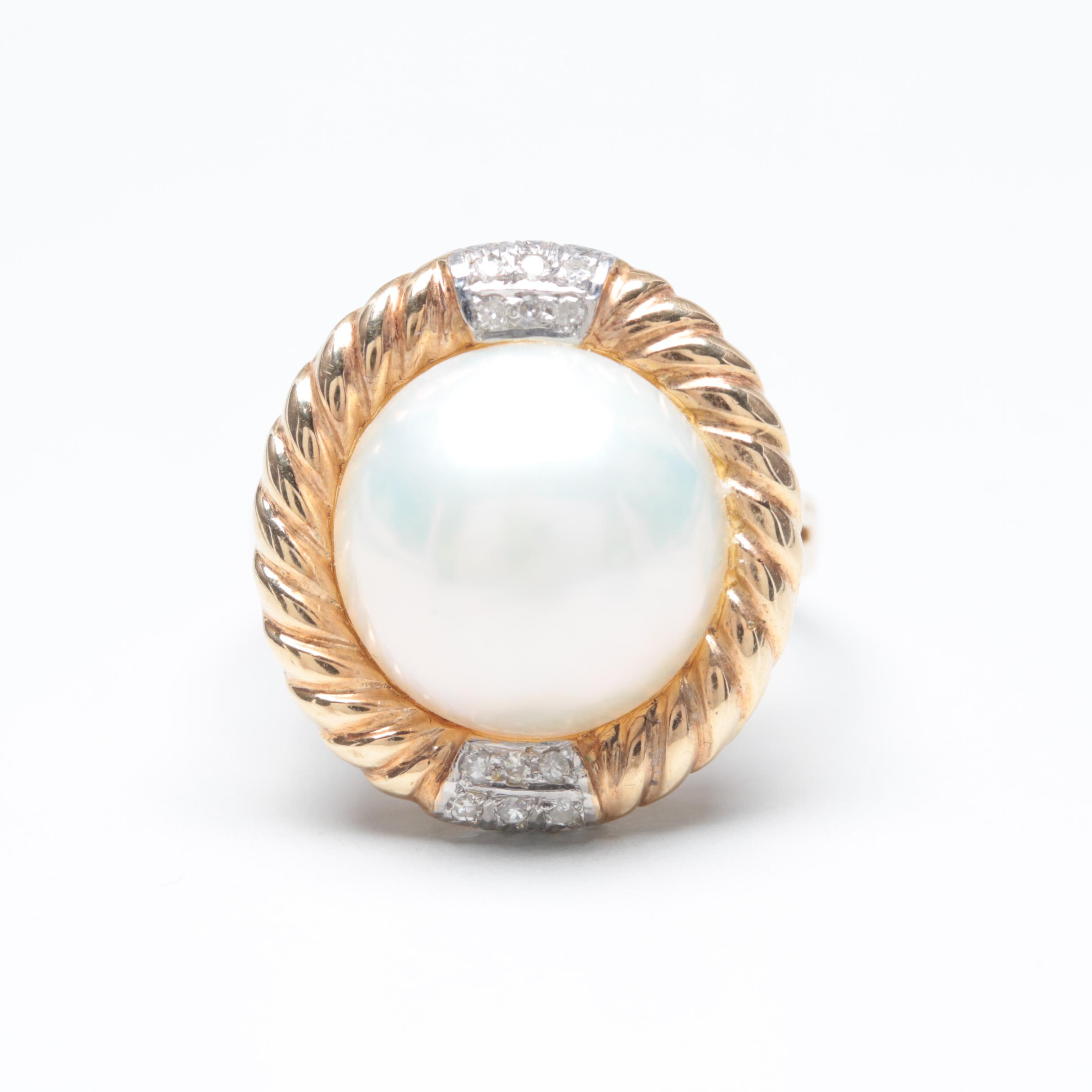 14K Yellow Gold Cultured Mabe Pearl and Diamond Ring