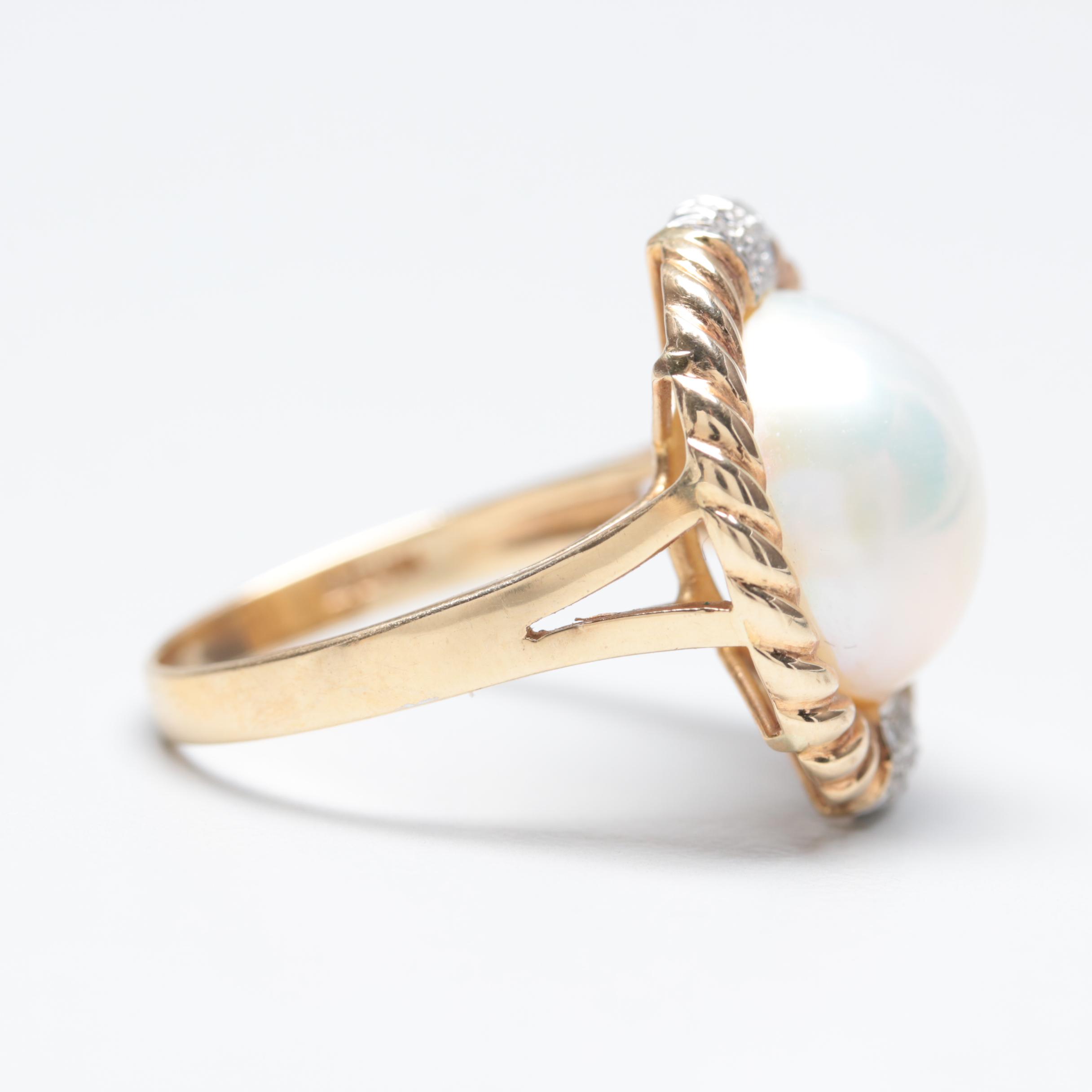 14K Yellow Gold Cultured Mabe Pearl and Diamond Ring