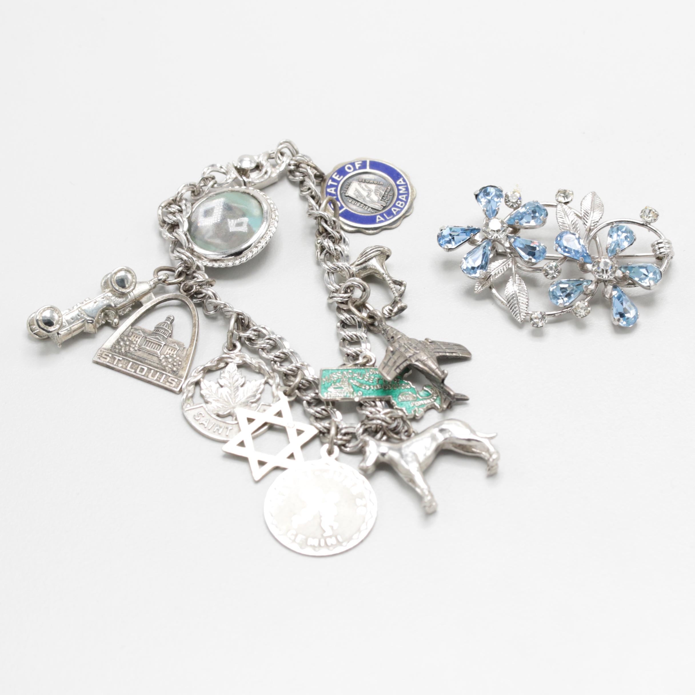Sterling Silver Charm Bracelet and Van Dell Brooch with Glass Stones