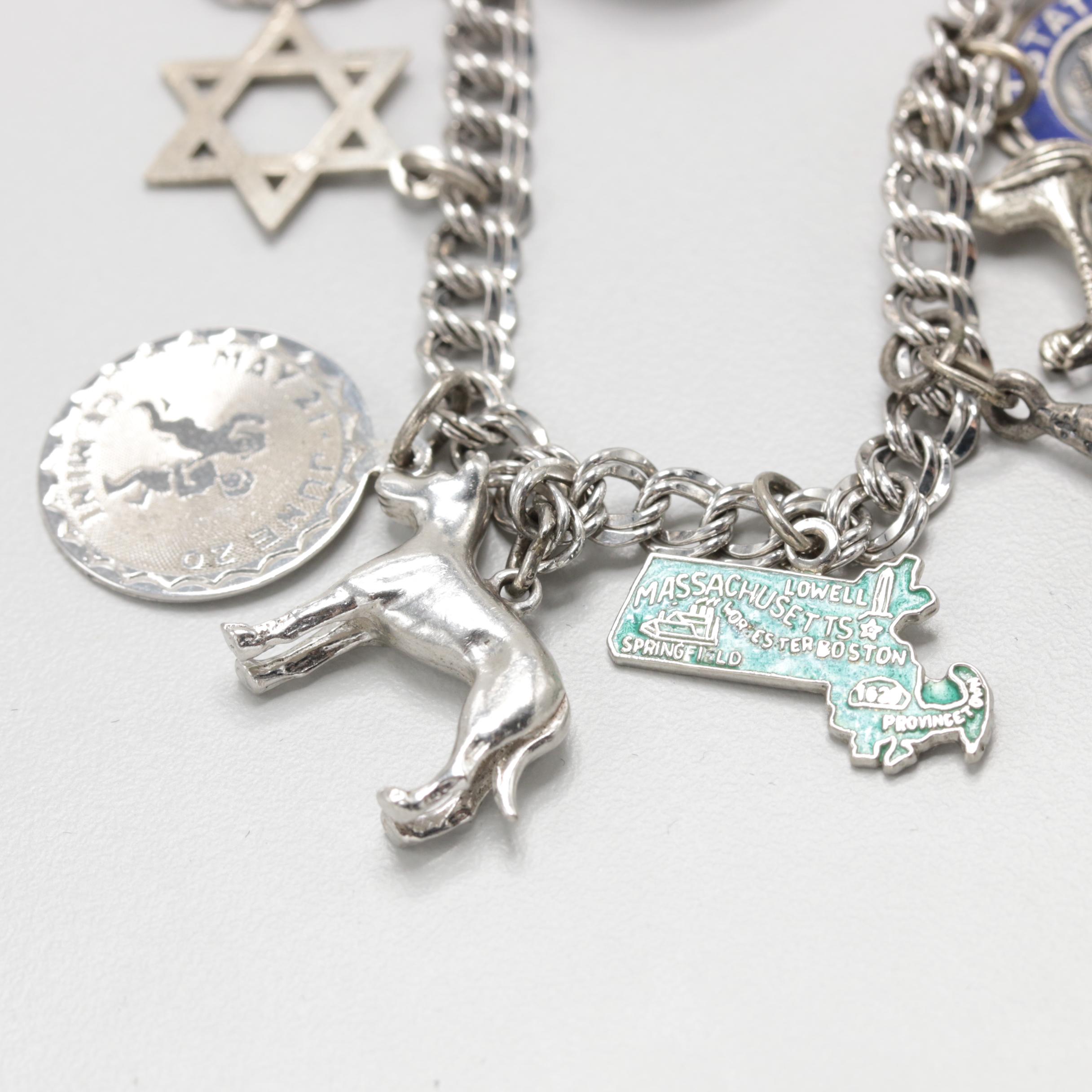 Sterling Silver Charm Bracelet and Van Dell Brooch with Glass Stones