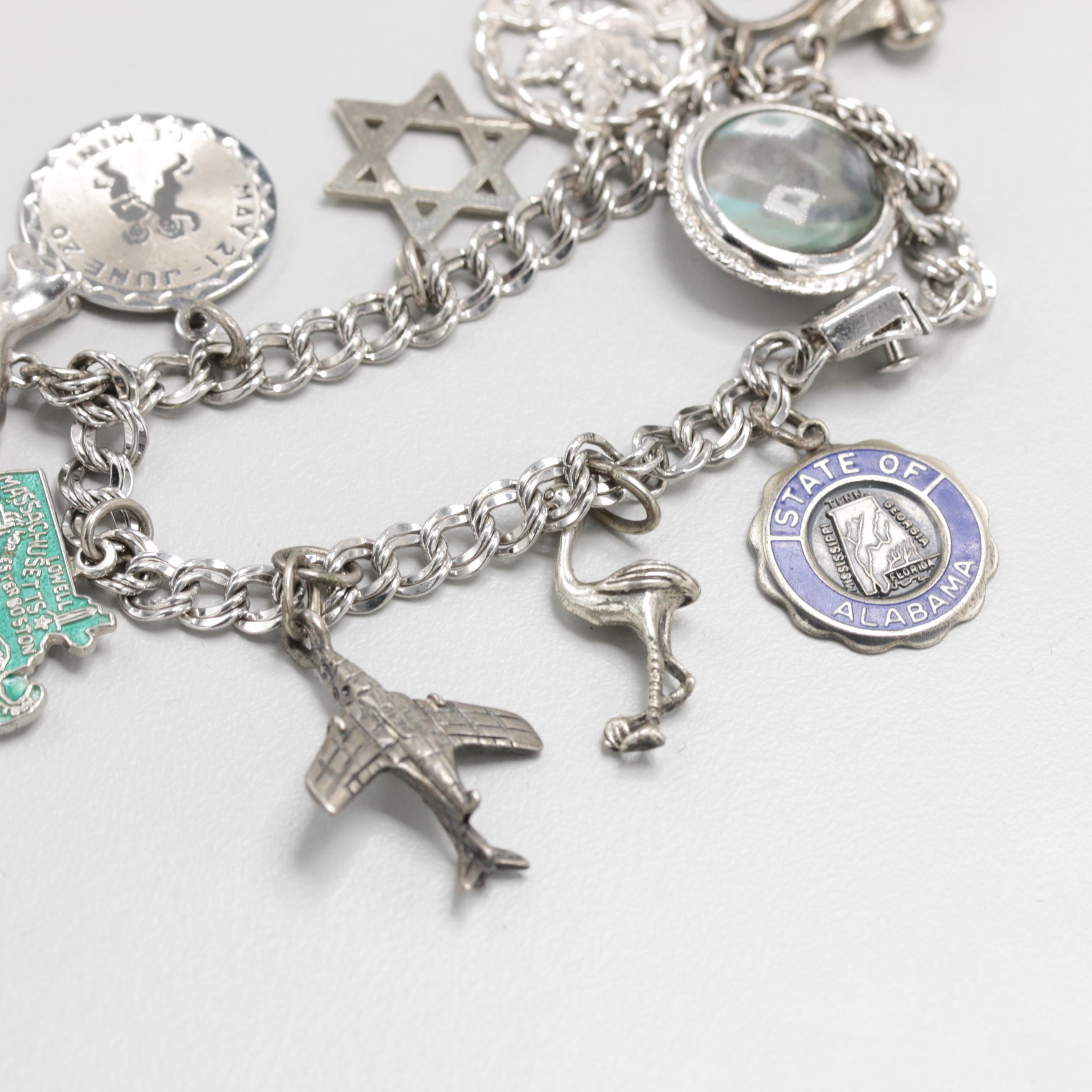 Sterling Silver Charm Bracelet and Van Dell Brooch with Glass Stones