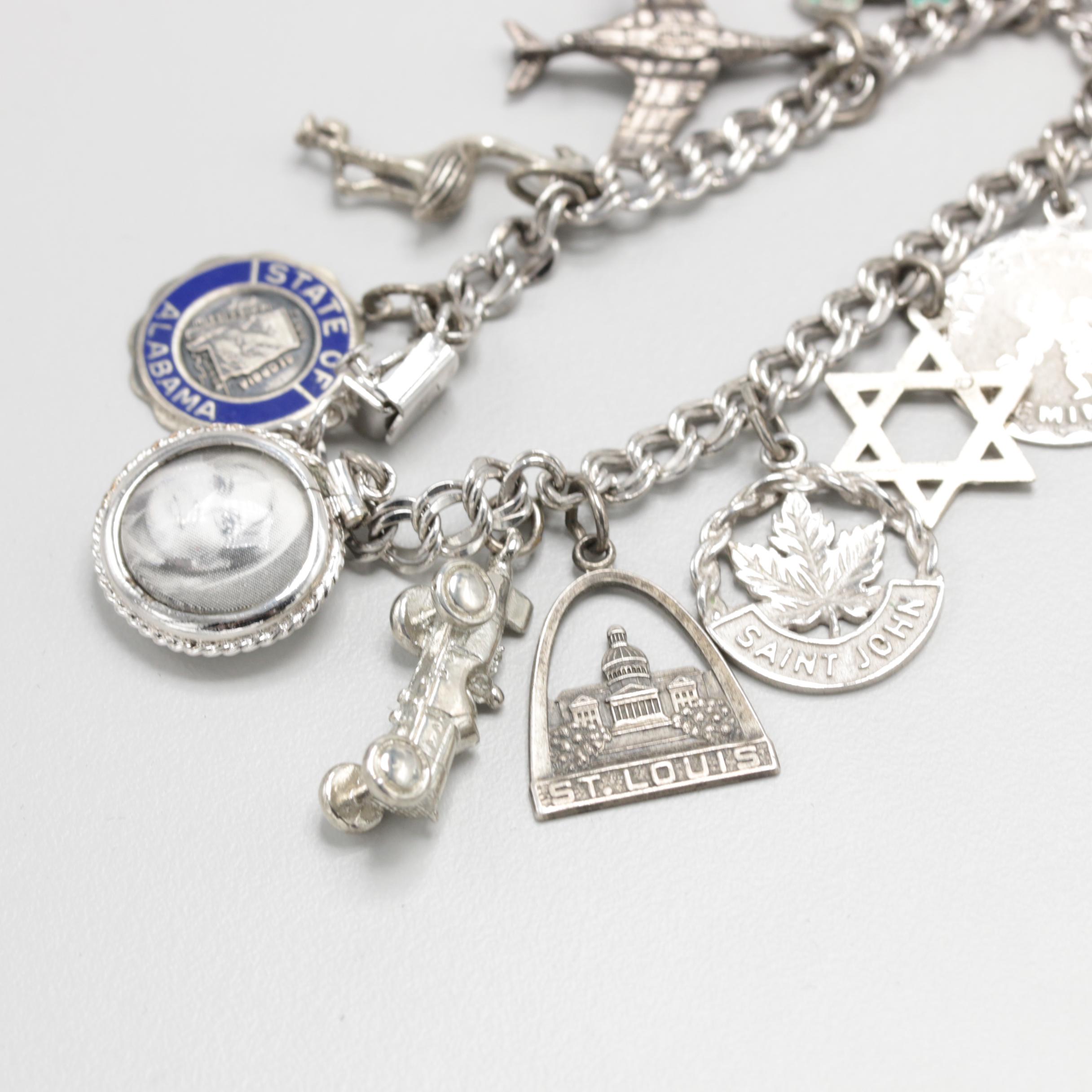 Sterling Silver Charm Bracelet and Van Dell Brooch with Glass Stones