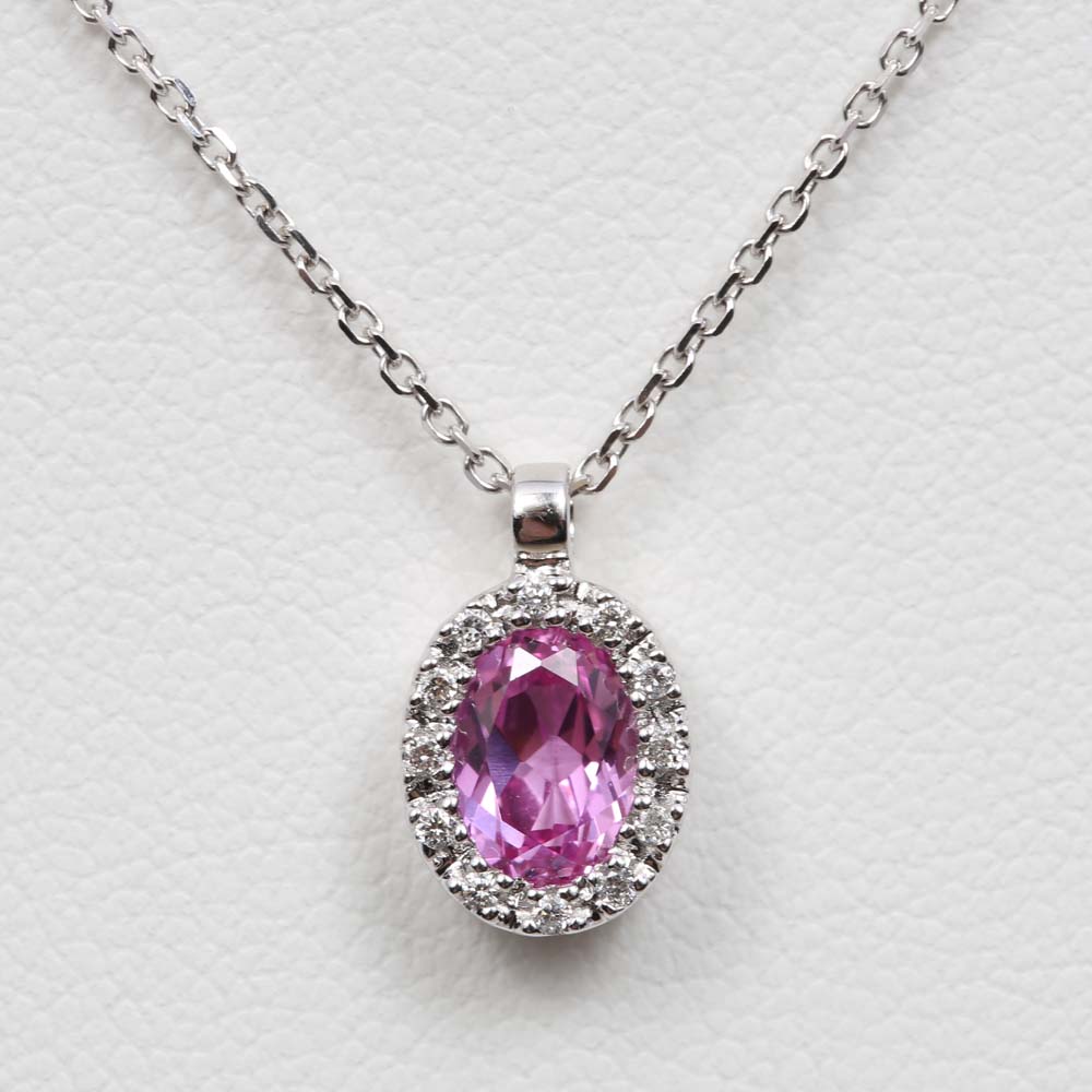 Gabriel & Co. 14K White Gold Pink Sapphire and Diamond Halo Pendant Necklace