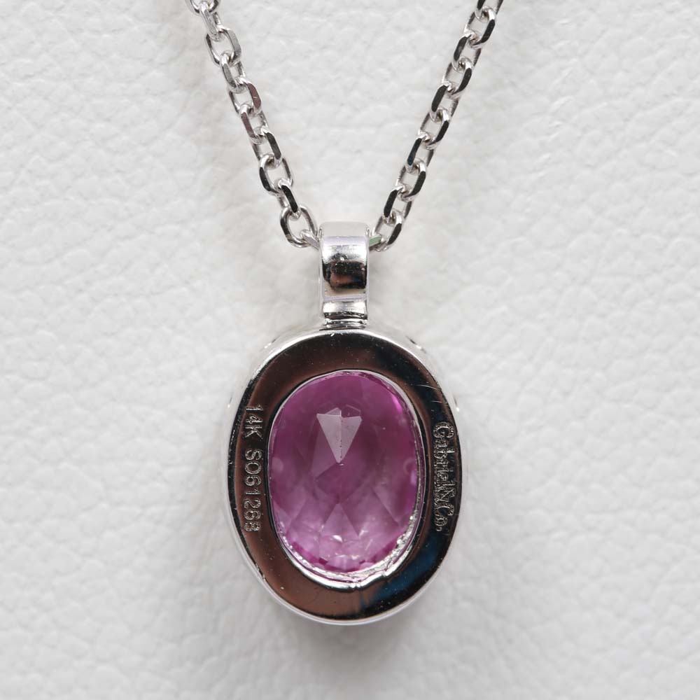 Gabriel & Co. 14K White Gold Pink Sapphire and Diamond Halo Pendant Necklace