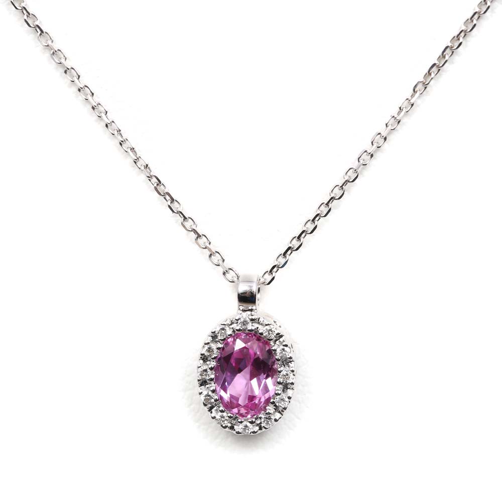 Gabriel & Co. 14K White Gold Pink Sapphire and Diamond Halo Pendant Necklace