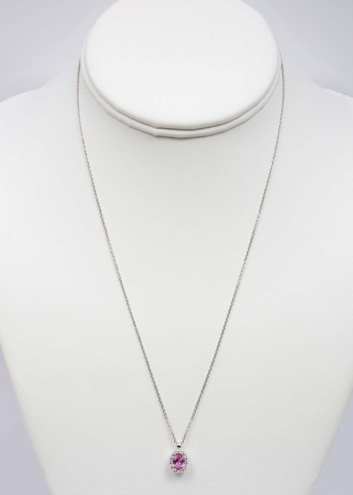 Gabriel & Co. 14K White Gold Pink Sapphire and Diamond Halo Pendant Necklace