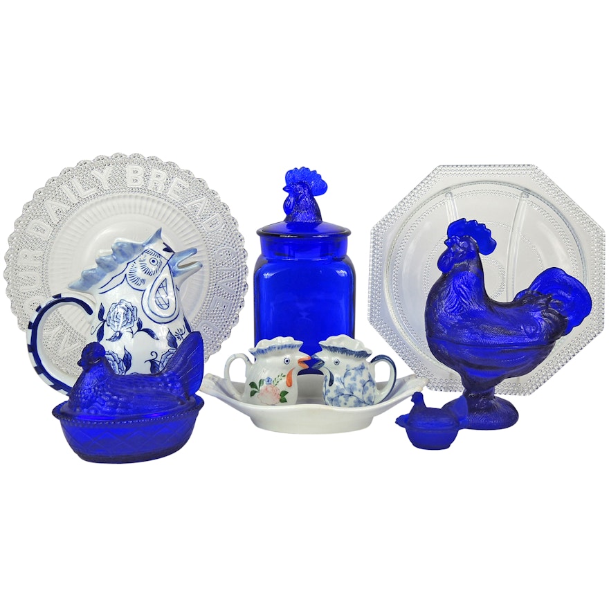 Cobalt Glass and Ceramic Tableware Including Westmoreland "Hen on Nest"
