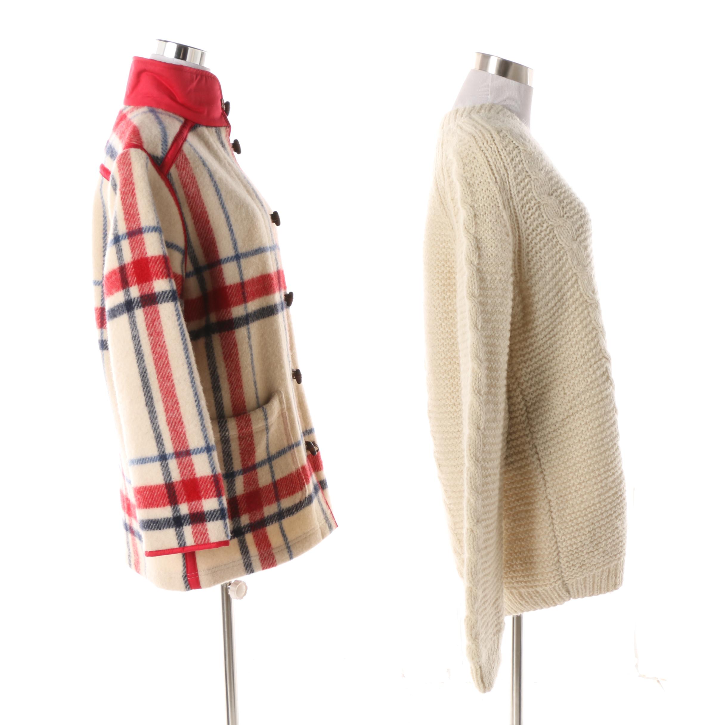 Women's Brooks Brothers Plaid Wool Duffel Coat and Greek Knitwear Wool Sweater