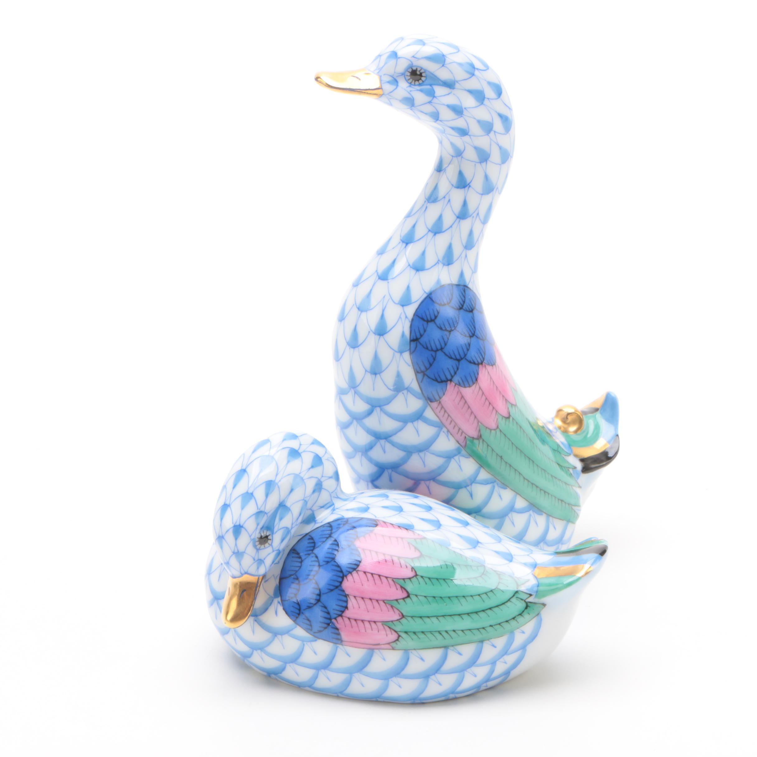 Herend "Pair of Ducks" Hand-Painted Porcelain Figurines in Blue