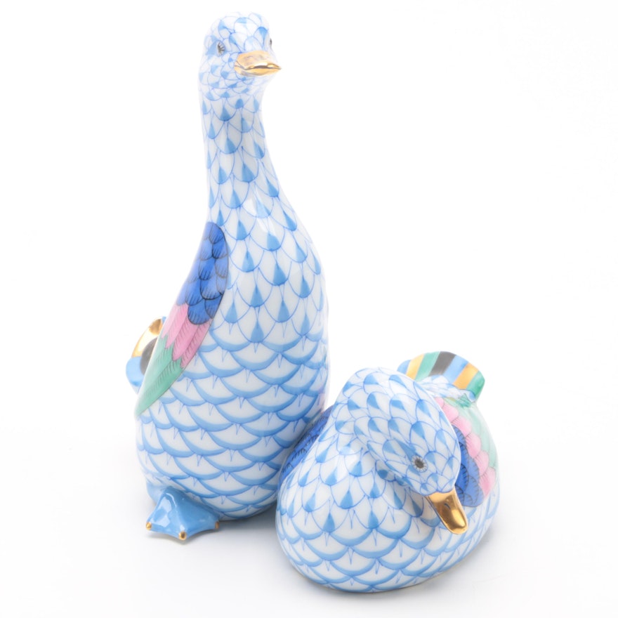 Herend "Pair of Ducks" Hand-Painted Porcelain Figurines in Blue