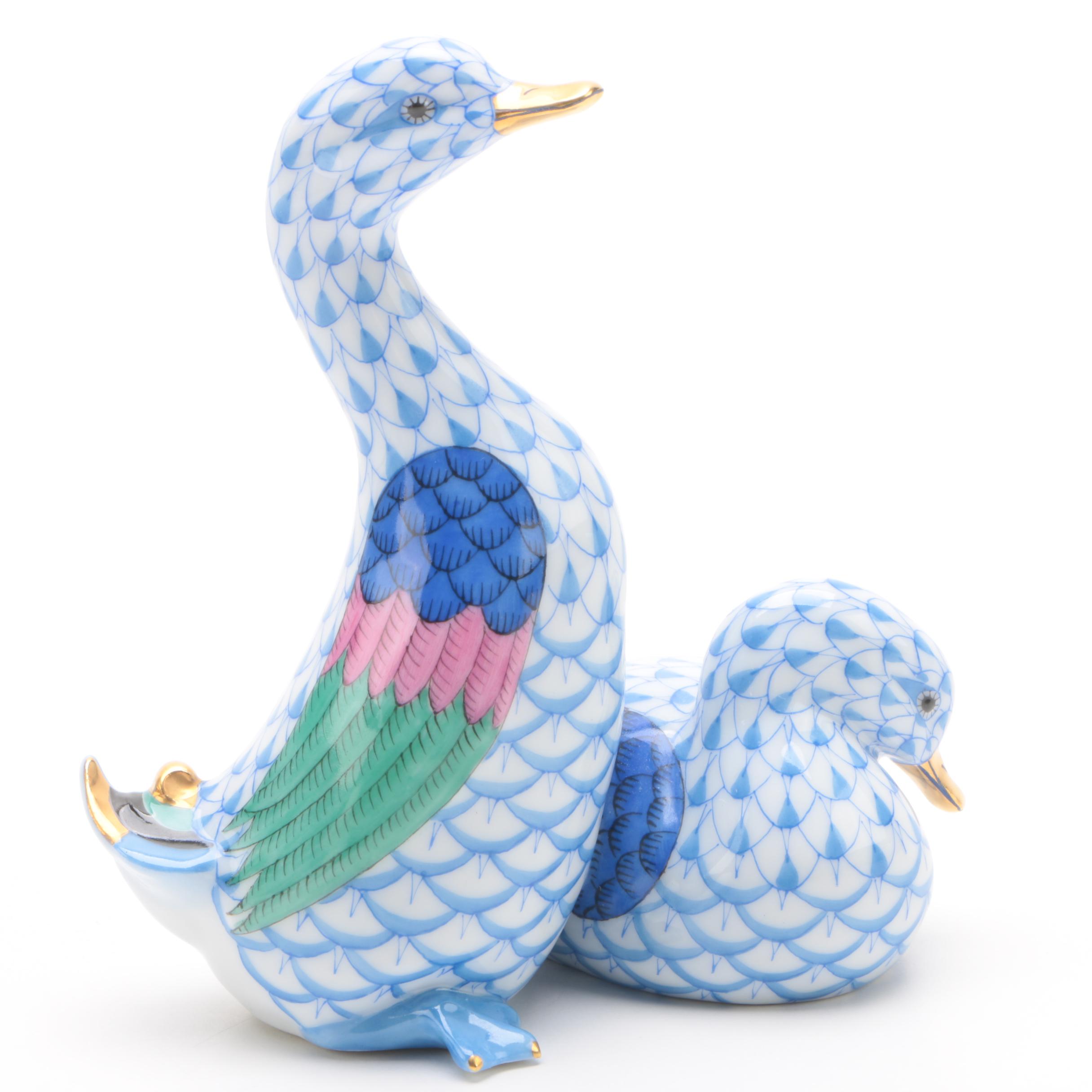Herend "Pair of Ducks" Hand-Painted Porcelain Figurines in Blue