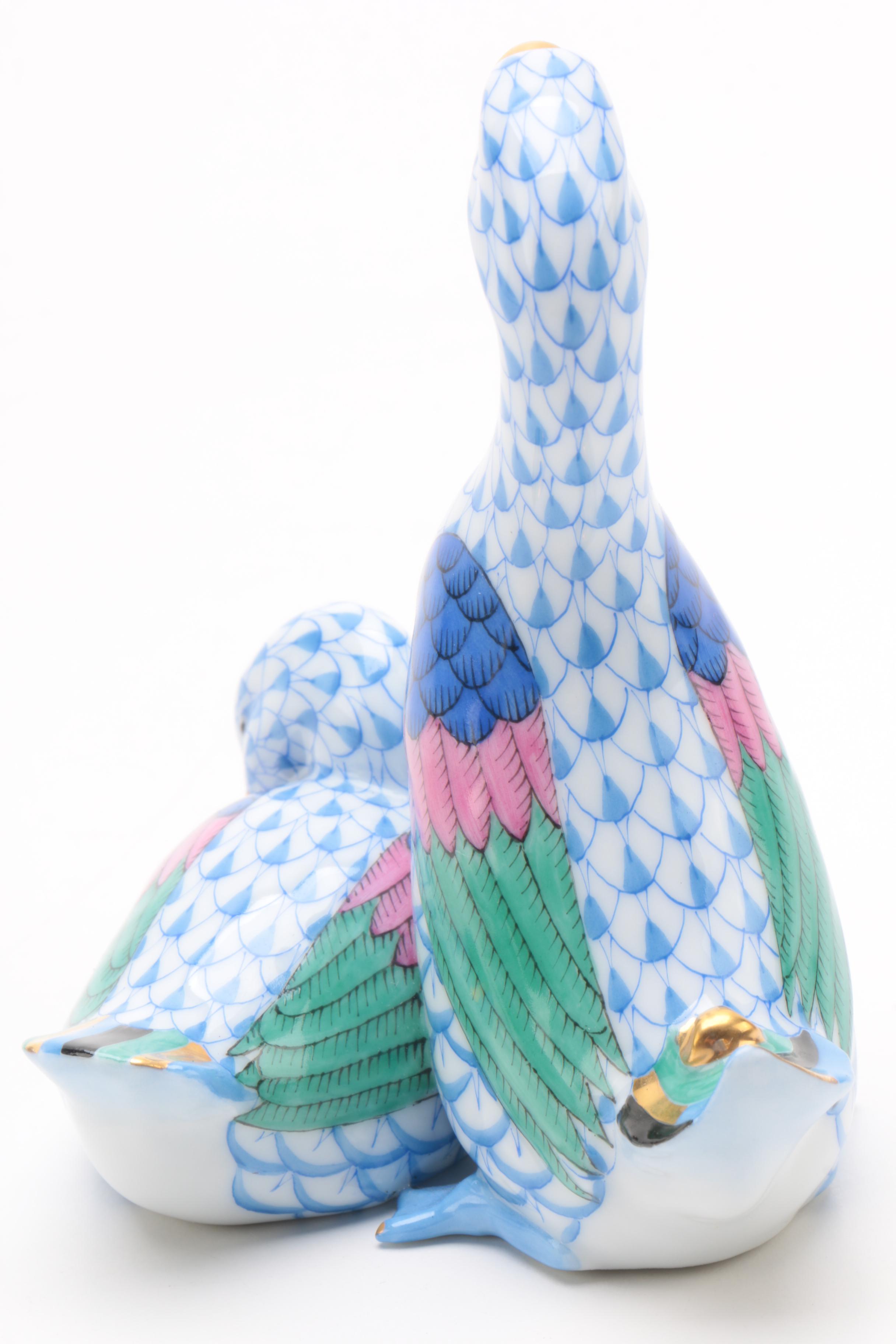 Herend "Pair of Ducks" Hand-Painted Porcelain Figurines in Blue