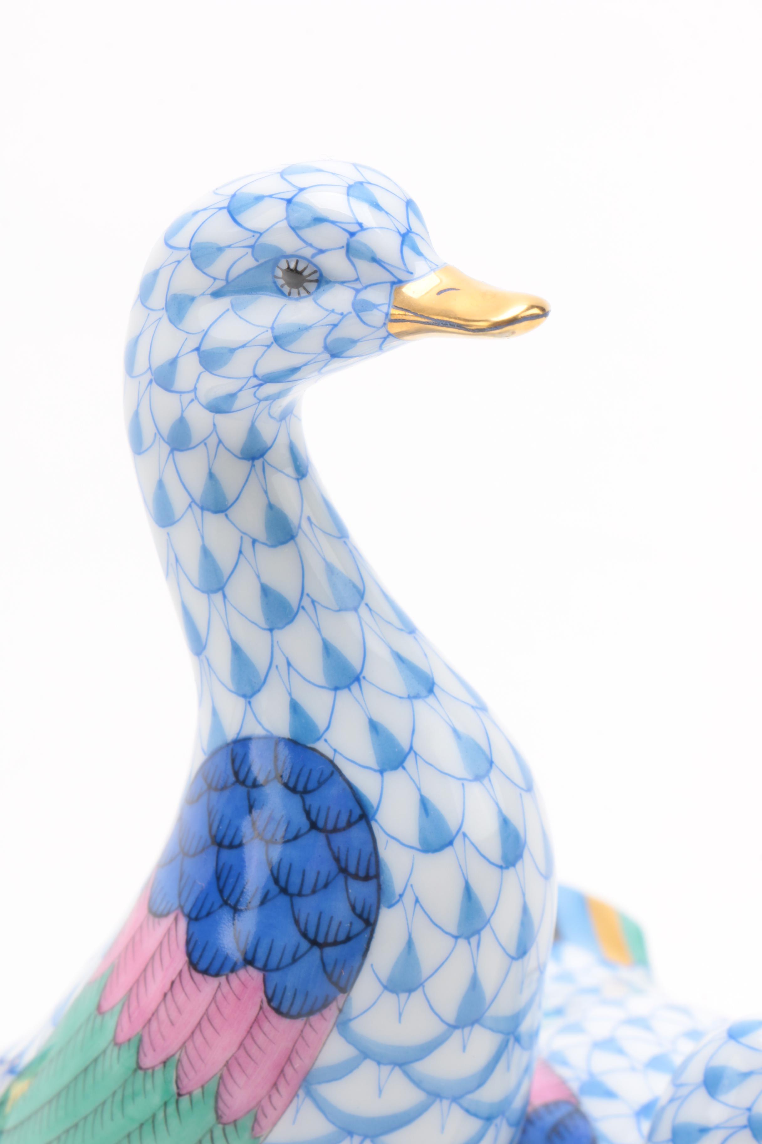 Herend "Pair of Ducks" Hand-Painted Porcelain Figurines in Blue